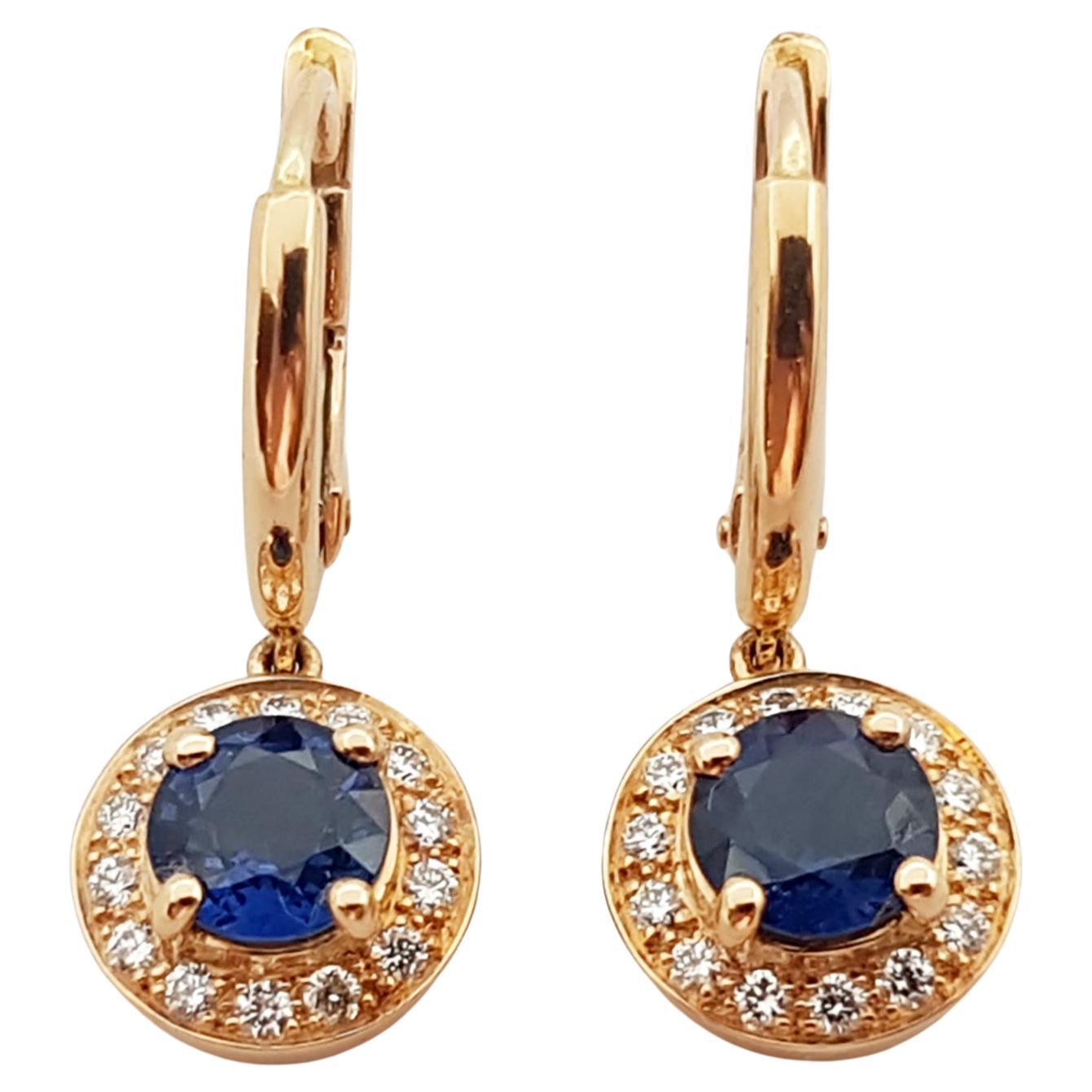Blue Sapphire with Diamond Halo Earrings Set in 18 Karat Rose Gold Settings