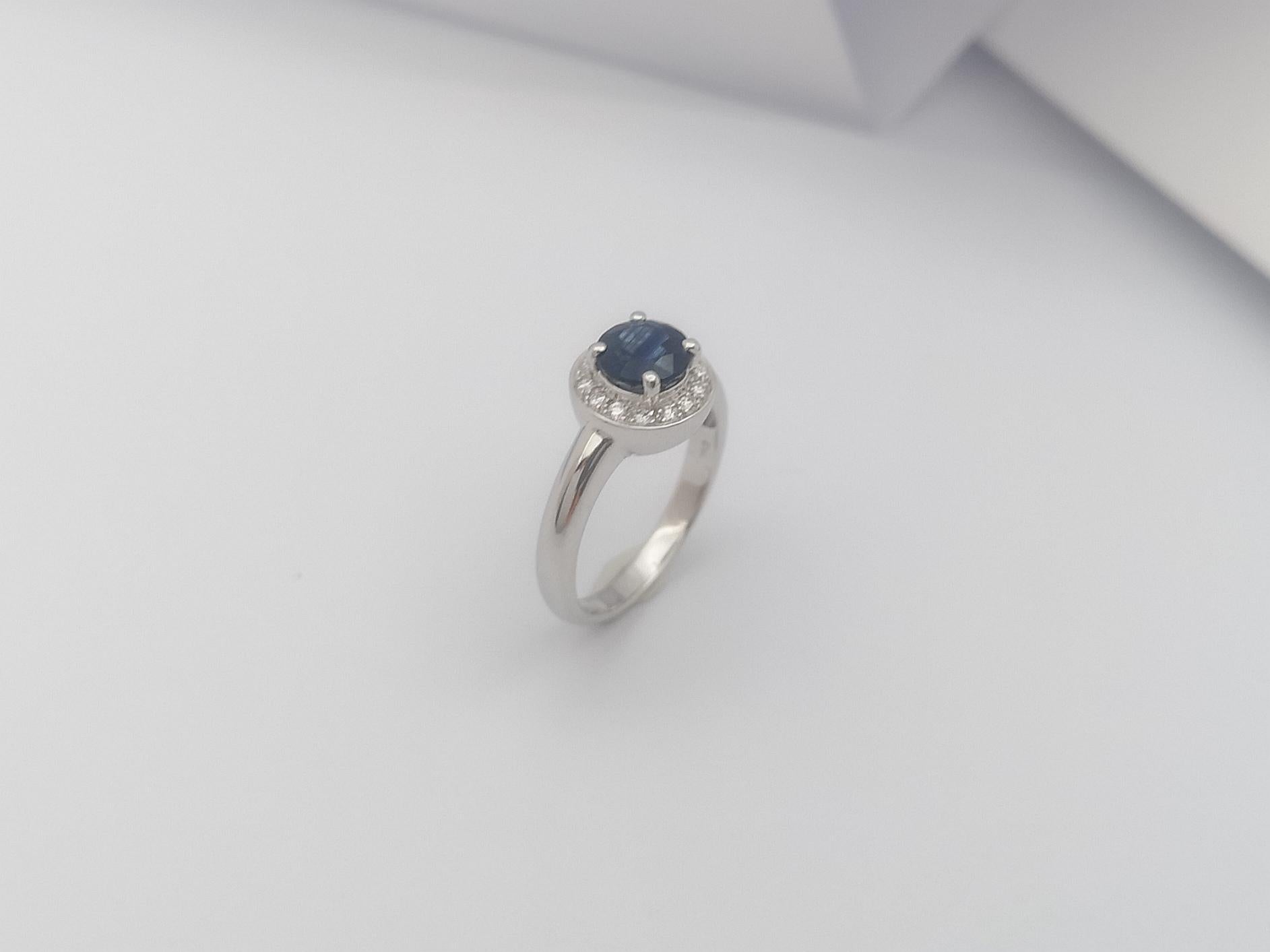 Blue Sapphire with Diamond Halo Ring Set in 18 Karat White Gold Settings For Sale 10