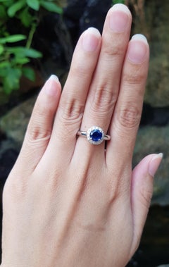 Blue Sapphire with Diamond Halo Ring Set in 18 Karat White Gold Settings