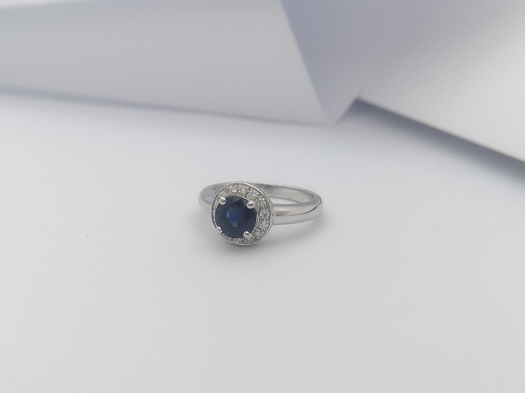 Blue Sapphire with Diamond Halo Ring Set in 18 Karat White Gold Settings For Sale 3