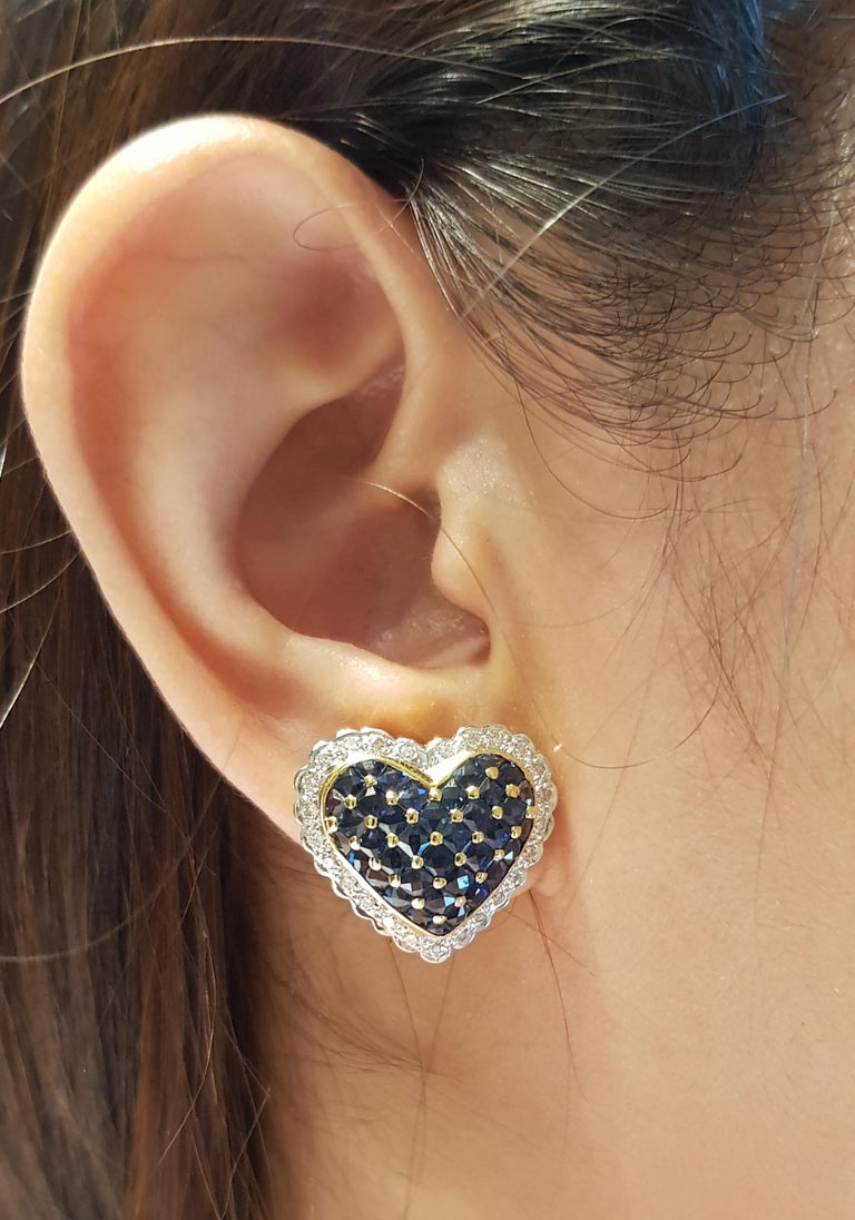 Blue Sapphire with Diamond Heart Earrings Set in 18 Karat Gold Settings