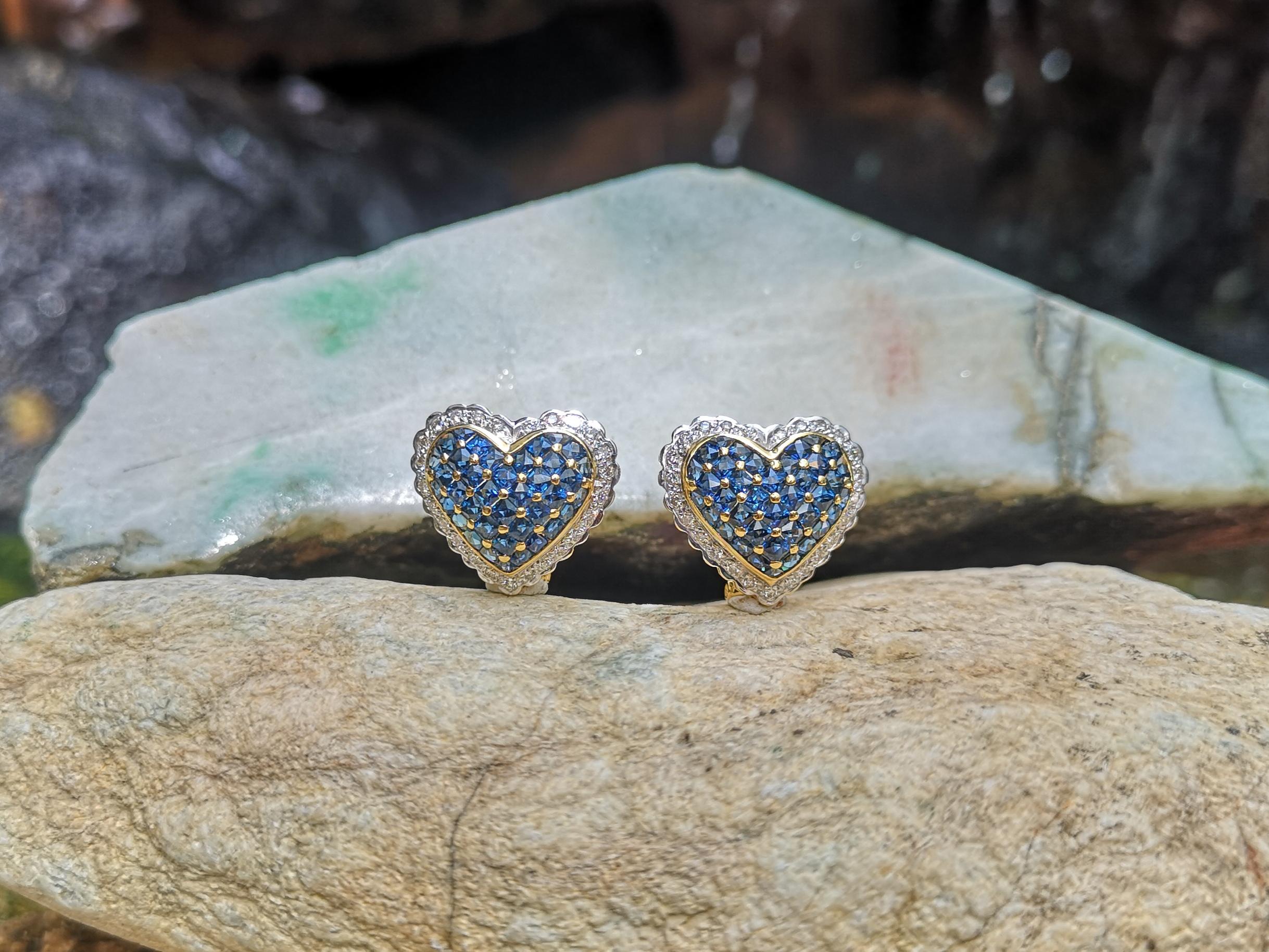 Mixed Cut Blue Sapphire with Diamond Heart Earrings Set in 18 Karat Gold Settings For Sale