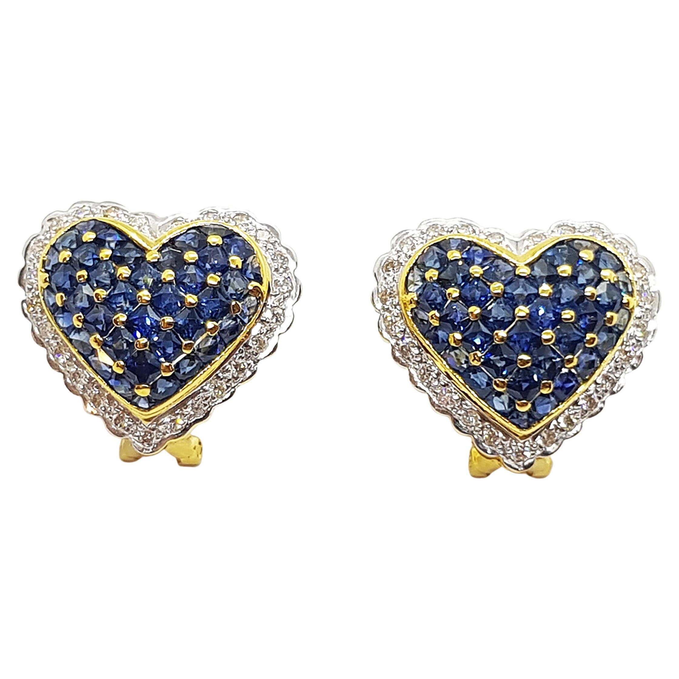 Blue Sapphire with Diamond Heart Earrings Set in 18 Karat Gold Settings For Sale