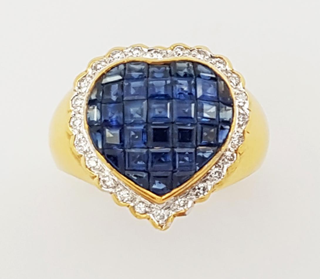 Blue Sapphire with Diamond Heart Ring Set in 18 Karat Gold Settings For Sale 3