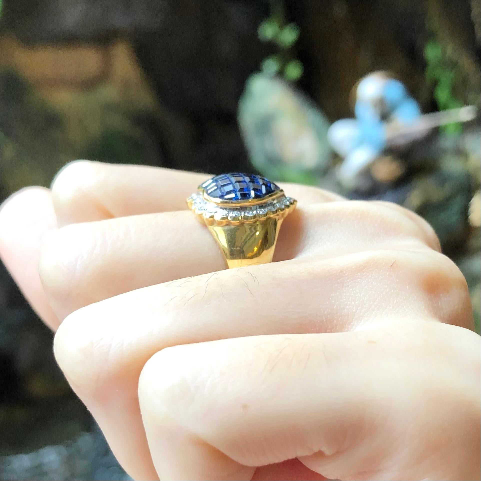 Square Cut Blue Sapphire with Diamond Heart Ring Set in 18 Karat Gold Settings For Sale
