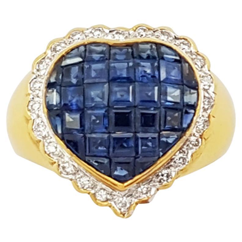 Blue Sapphire with Diamond Heart Ring Set in 18 Karat Gold Settings For Sale