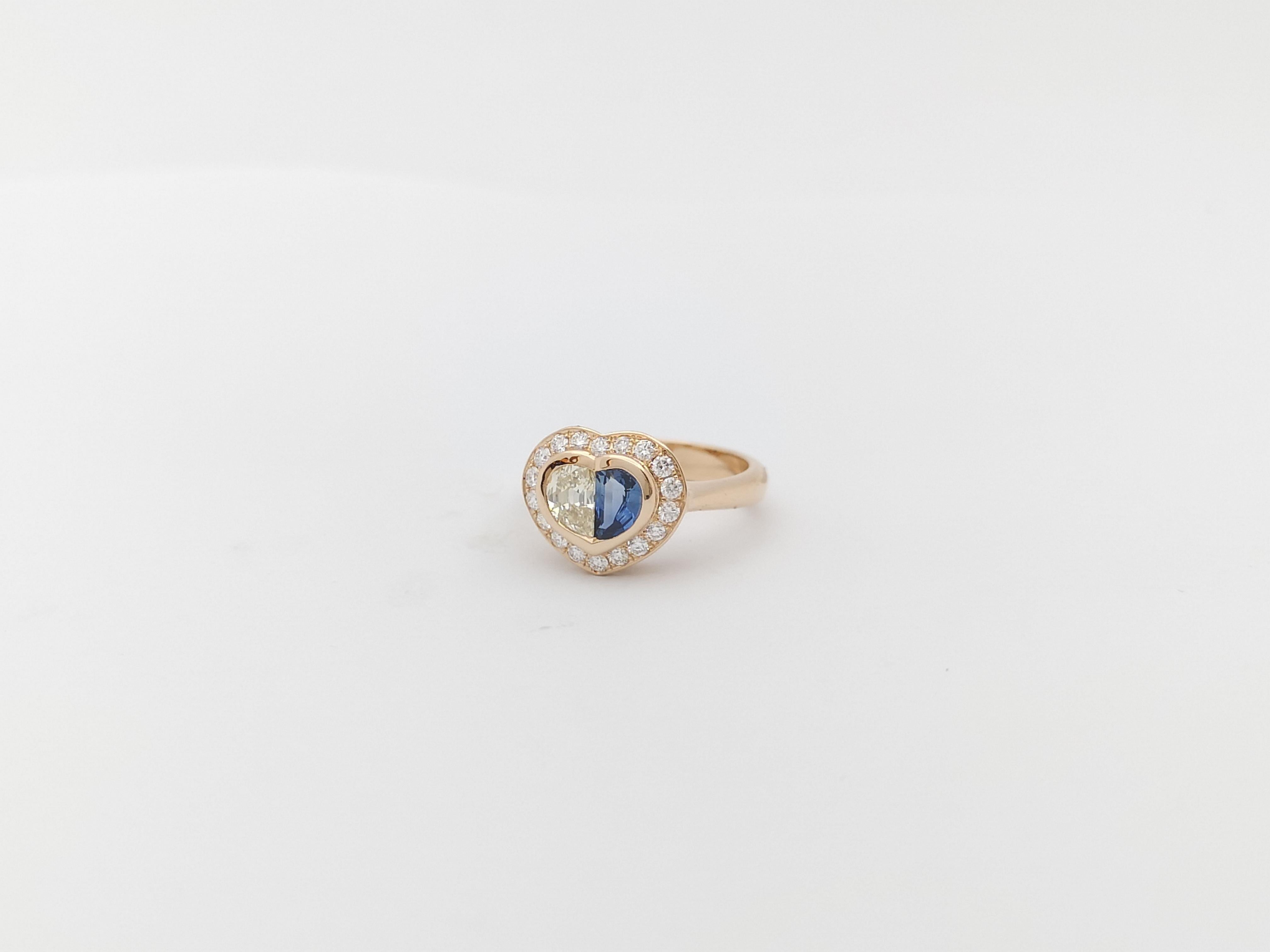 Blue Sapphire with Diamond Heart Ring Set in 18 Karat Rose Gold Settings For Sale 1