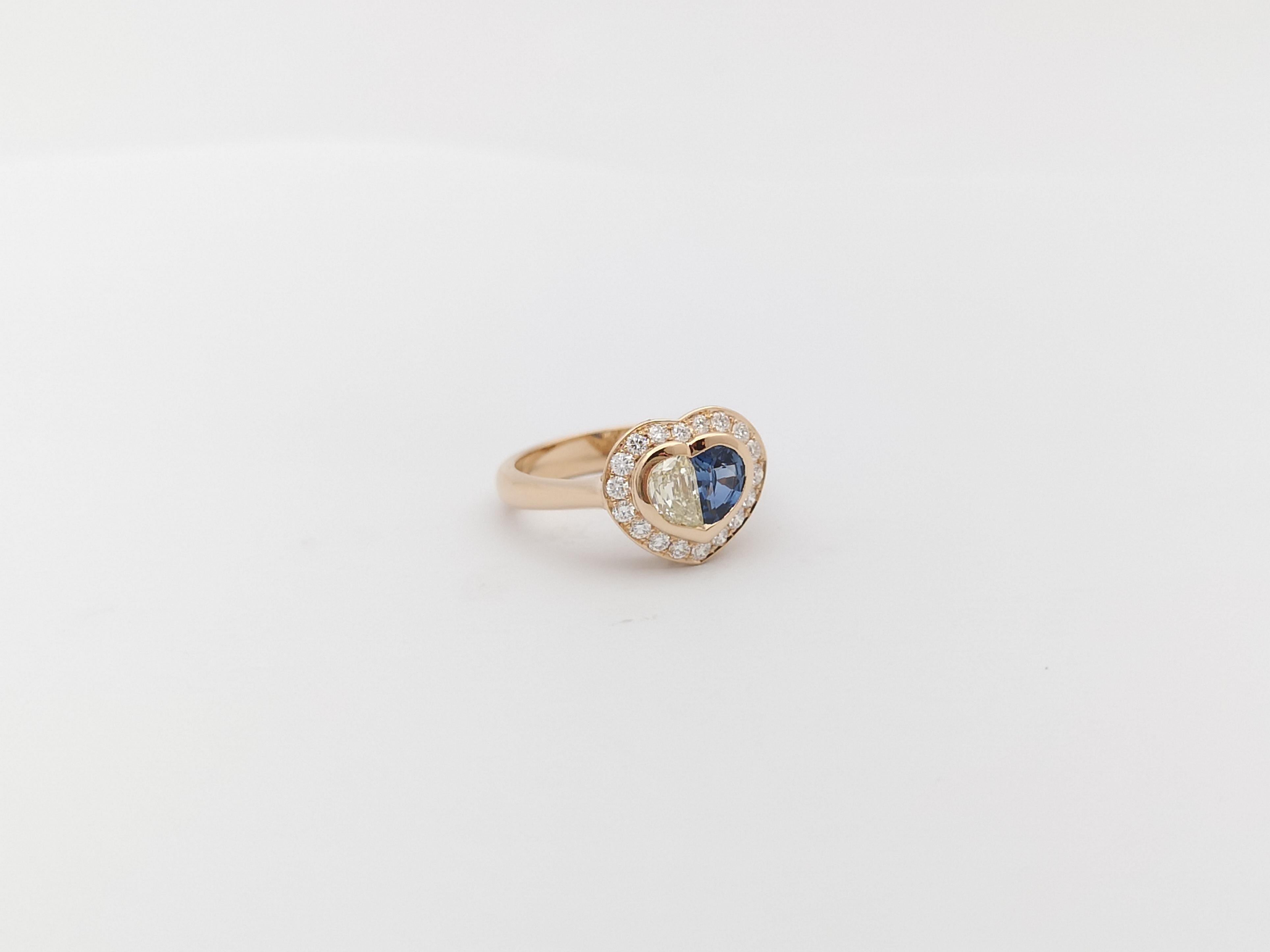 Blue Sapphire with Diamond Heart Ring Set in 18 Karat Rose Gold Settings For Sale 4