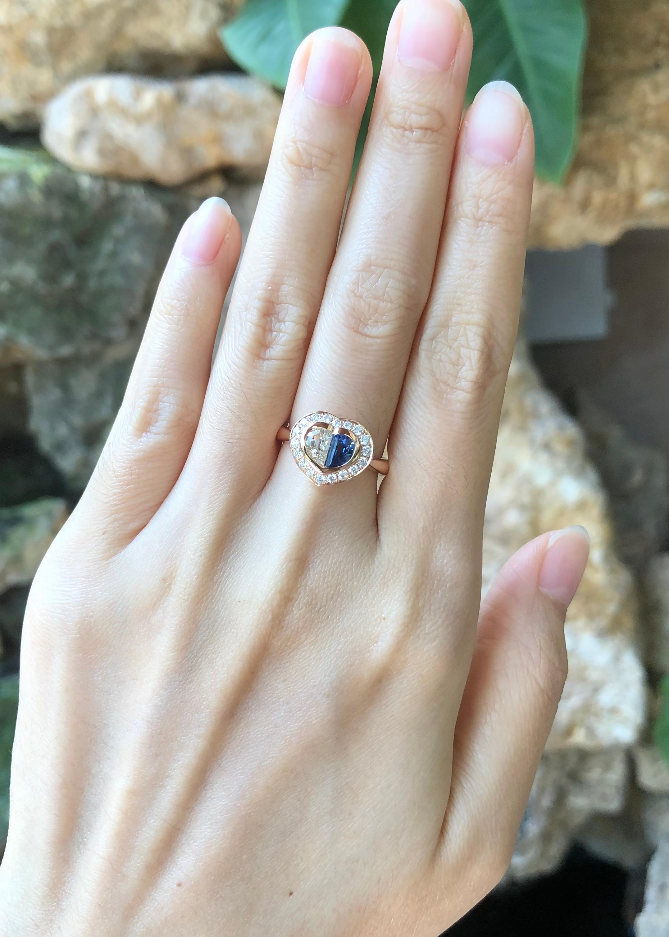 Mixed Cut Blue Sapphire with Diamond Heart Ring Set in 18 Karat Rose Gold Settings For Sale