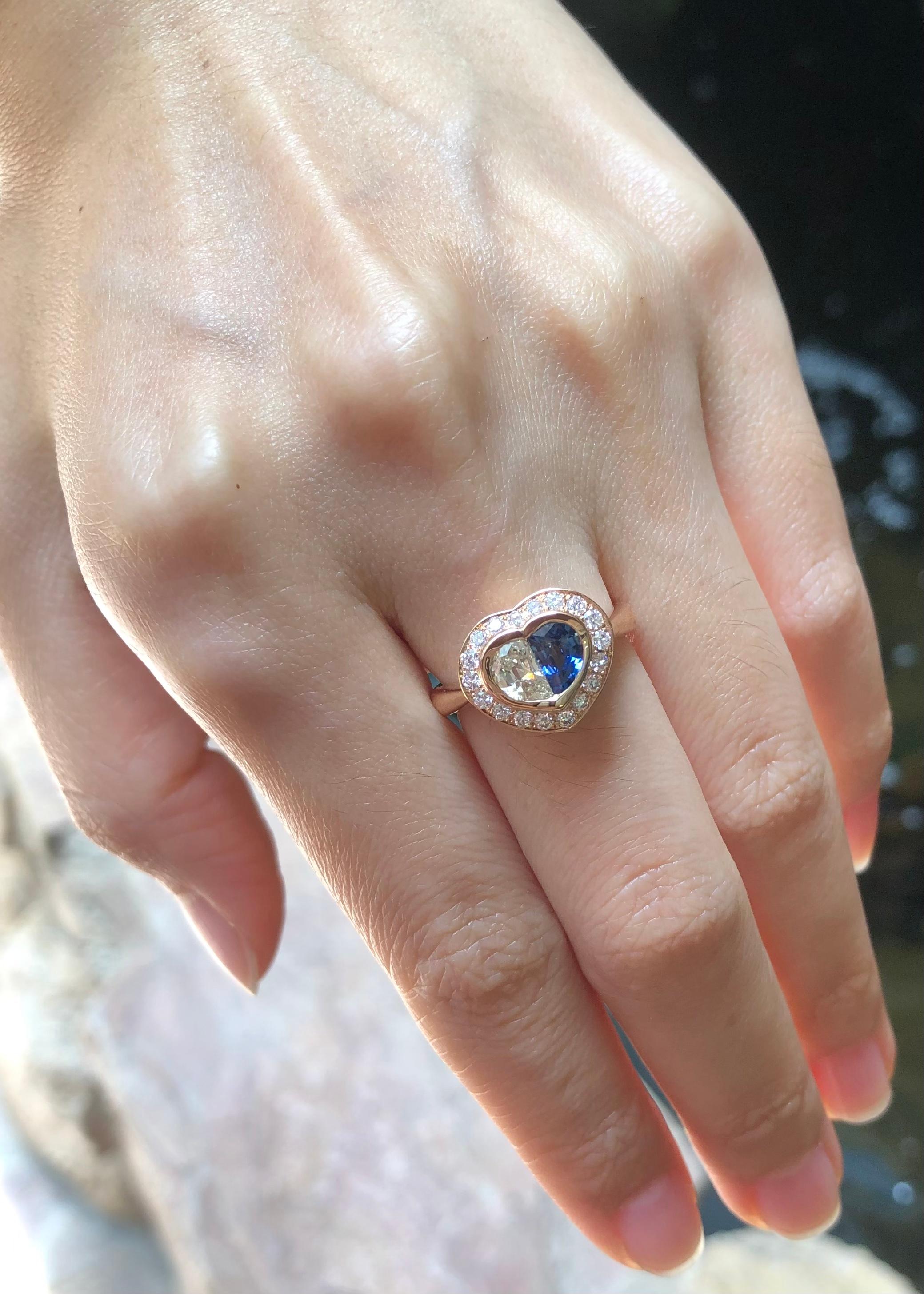 Blue Sapphire with Diamond Heart Ring Set in 18 Karat Rose Gold Settings In New Condition For Sale In Bangkok, TH