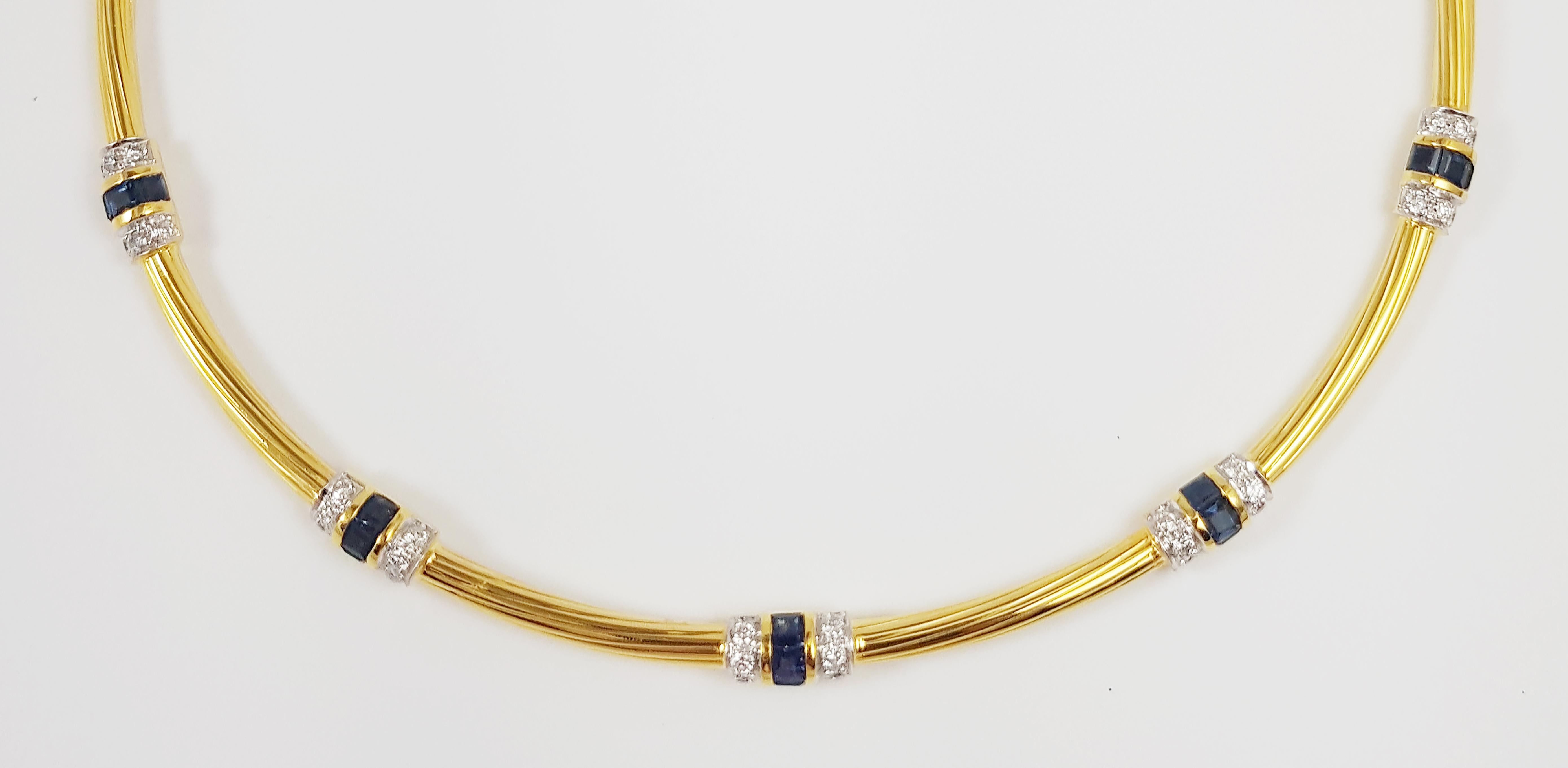 Collier de saphirs bleus de 2,52 carats et de diamants de 0,86 carat sertis dans de l'or 18 carats

Largeur :  0.5 cm 
Diamètre : 12,5  cm
Poids total : 28,77 grammes


