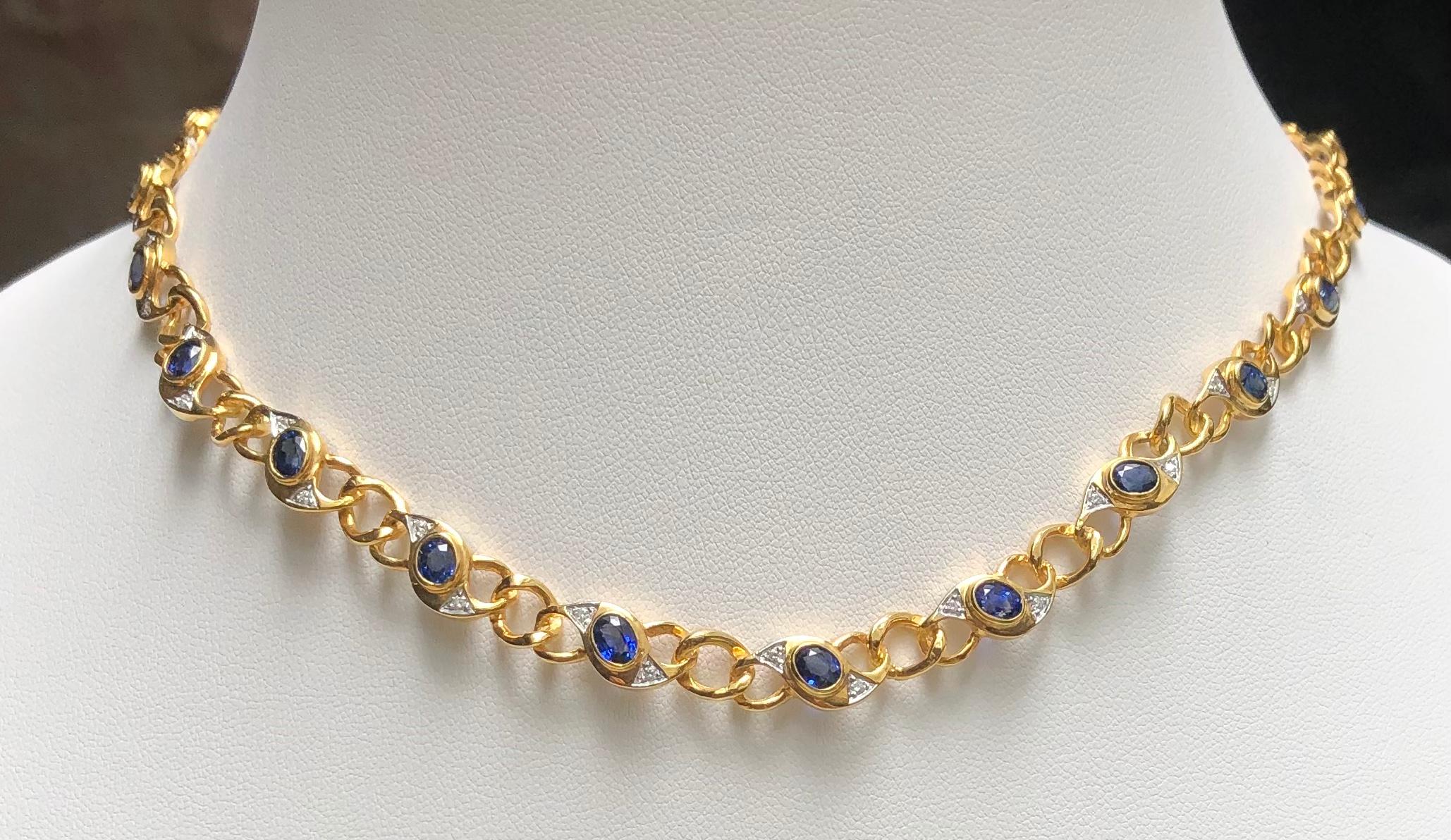 Collier de saphirs bleus de 9,18 carats et de diamants de 0,51 carat sertis dans de l'or 18 carats

Largeur :  0.8 cm 
Longueur : 42,0 cm
Poids total : 38,3 grammes

