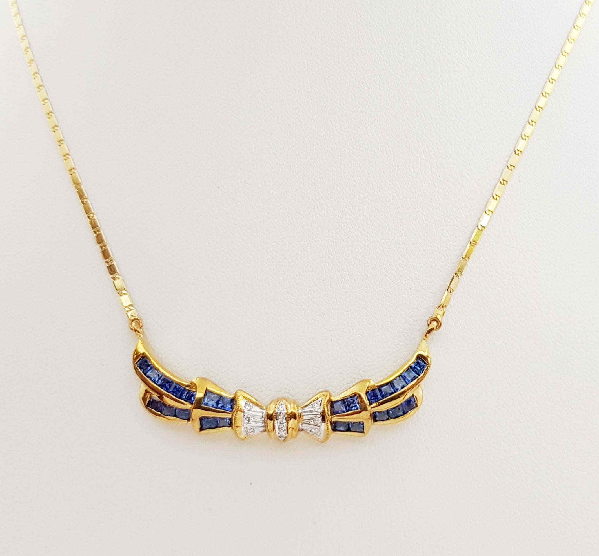 Blauer Saphir 1,36 Karat mit Diamant 0,06 Karat Halskette in 18 Karat Goldfassung

Breite: 1.4 cm 
Länge: 44,0 cm
Gesamtgewicht: 10,27 Gramm

