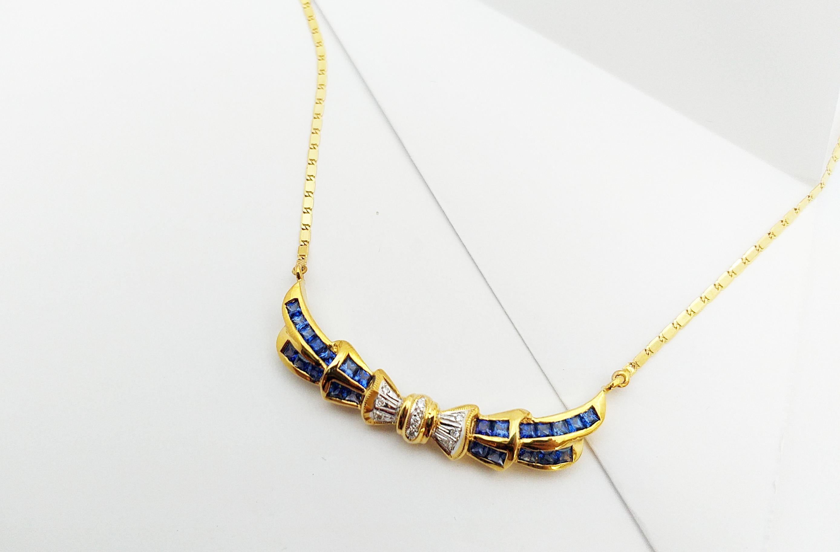 Mixed Cut Blue Sapphire with Diamond Necklace Set in 18 Karat Gold Settings For Sale