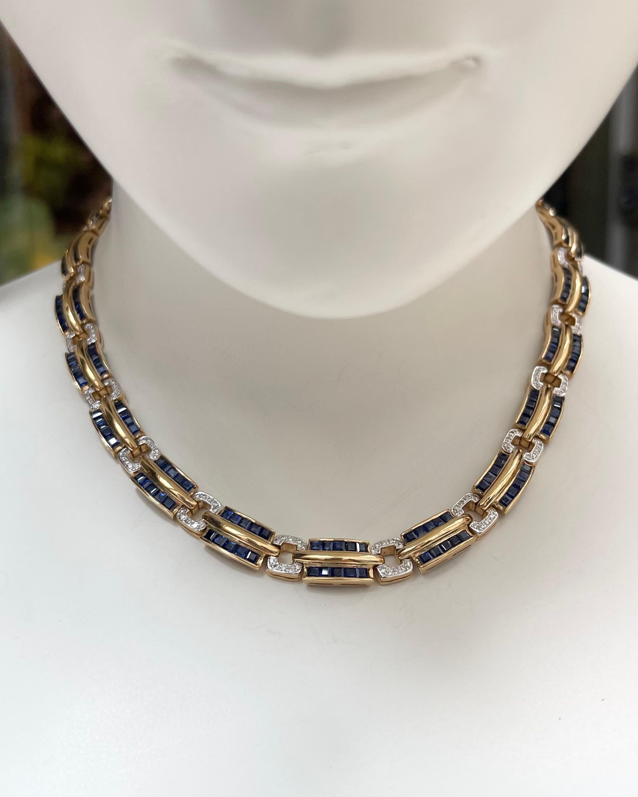 Saphir bleu 23,33 carats et diamant 1,18 carats Collier en or 18 carats

Largeur : 0,7 cm 
Longueur : 40.0 cm
Poids total : 66,48 grammes

