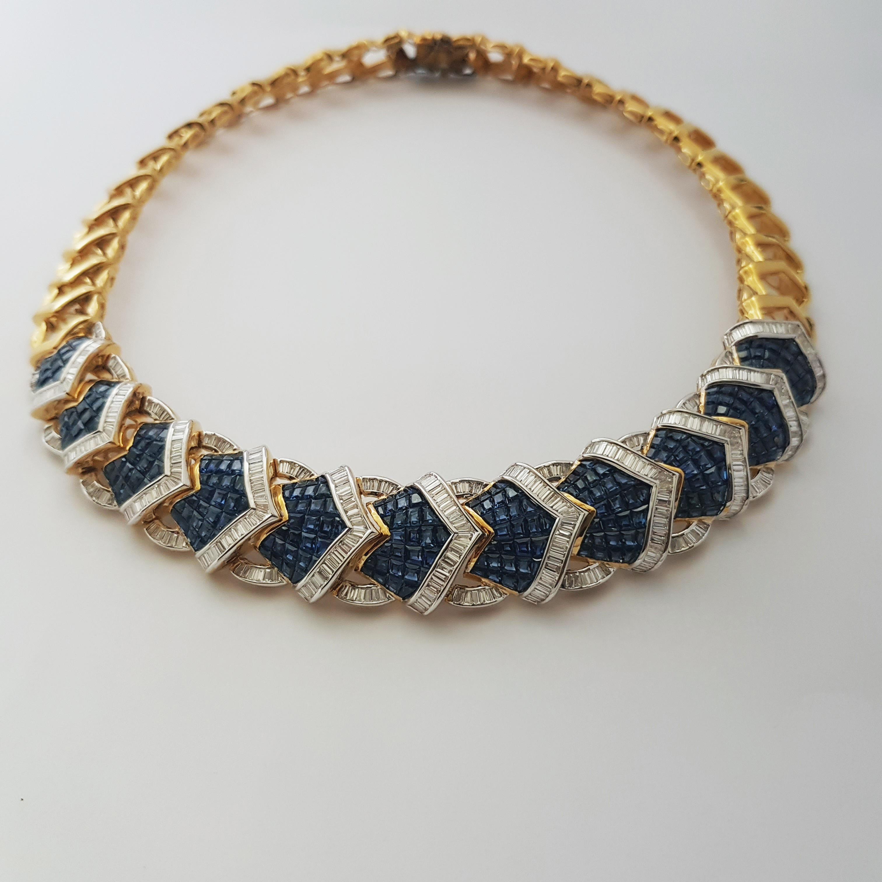 Taille mixte Collier de saphirs bleus et de diamants en or 18 carats en vente