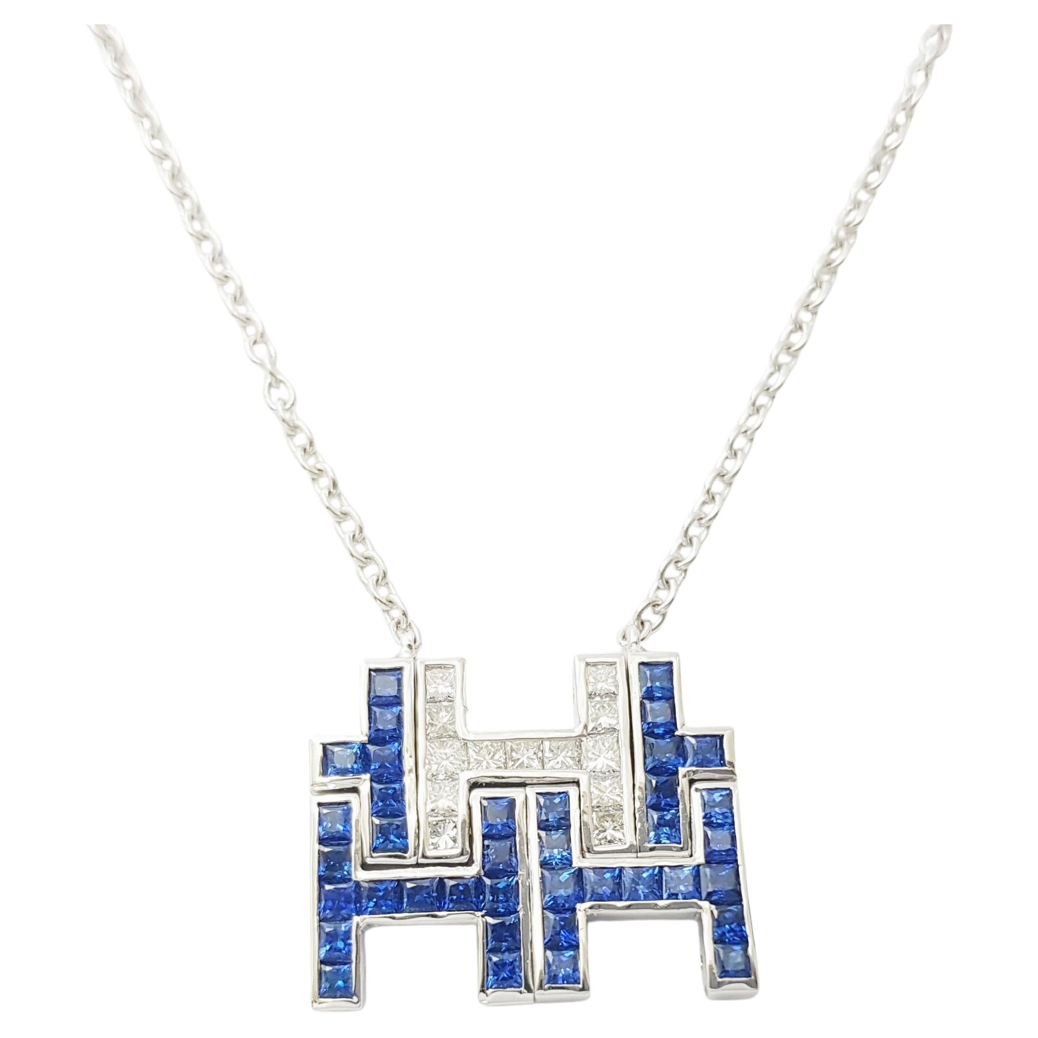 Blue Sapphire with Diamond Necklace set in 18K White Gold Settings