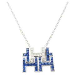Blue Sapphire with Diamond Necklace set in 18K White Gold Settings