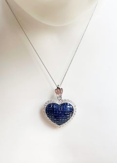Blue Sapphire with Diamond Pendant/ Brooch set in 18K White Gold Settings