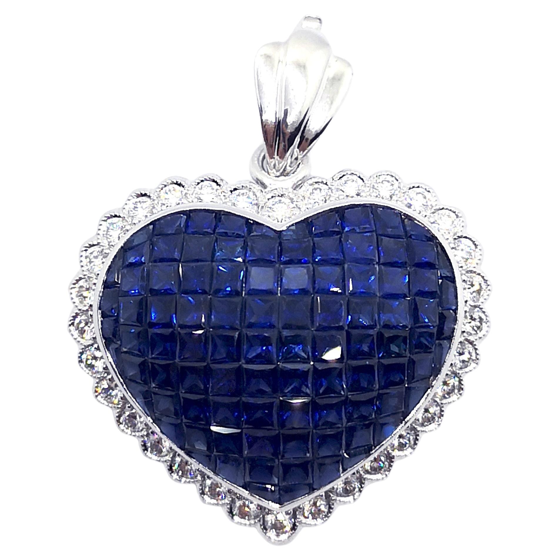 Blue Sapphire with Diamond Pendant/ Brooch set in 18K White Gold Settings