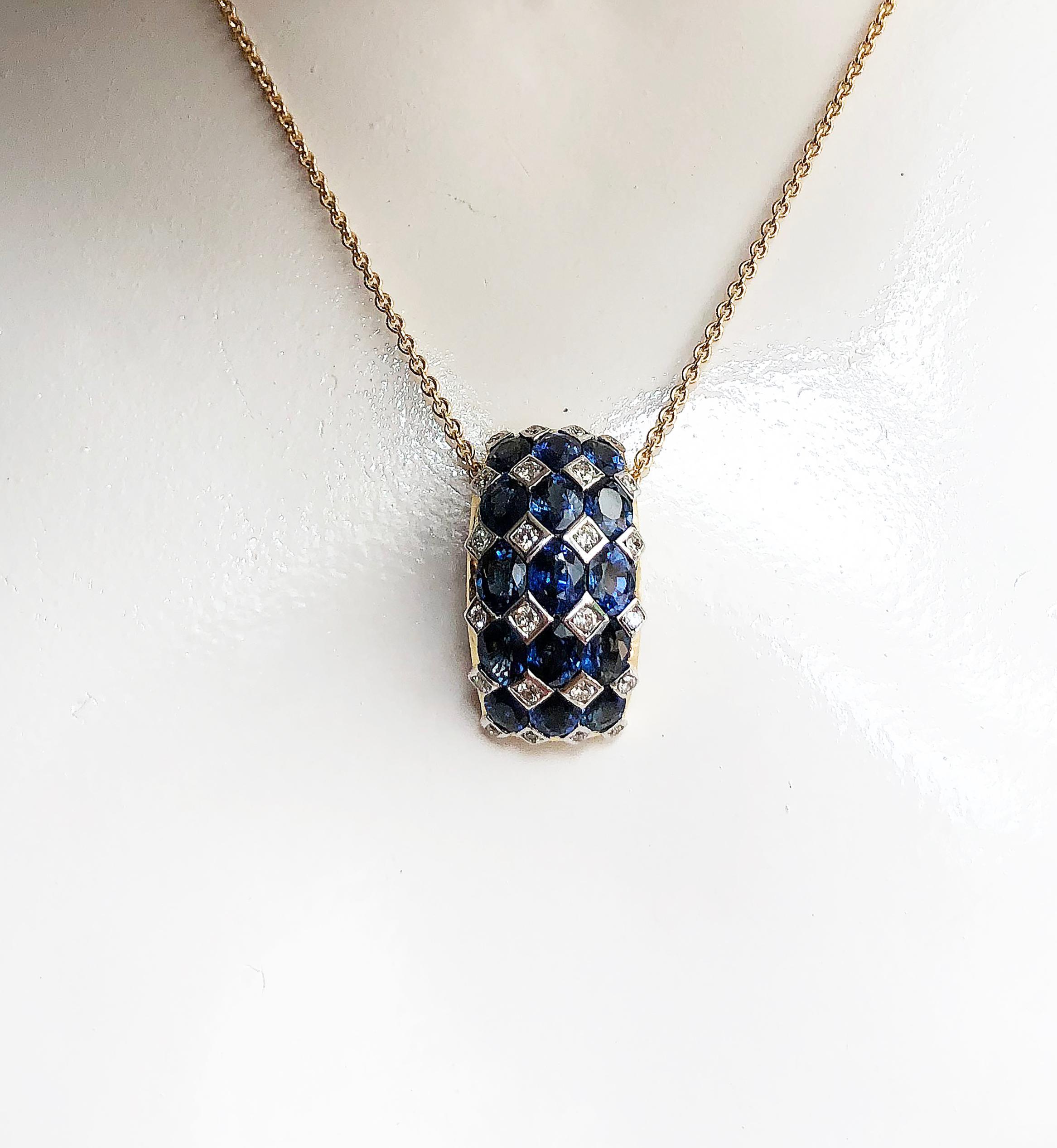 Blue Sapphire 6.19 carats with Diamond 0.33 carat Pendant set in 18 Karat Gold Settings
(chain not included)

Width: 1.0 cm
Length: 2.3 cm 

