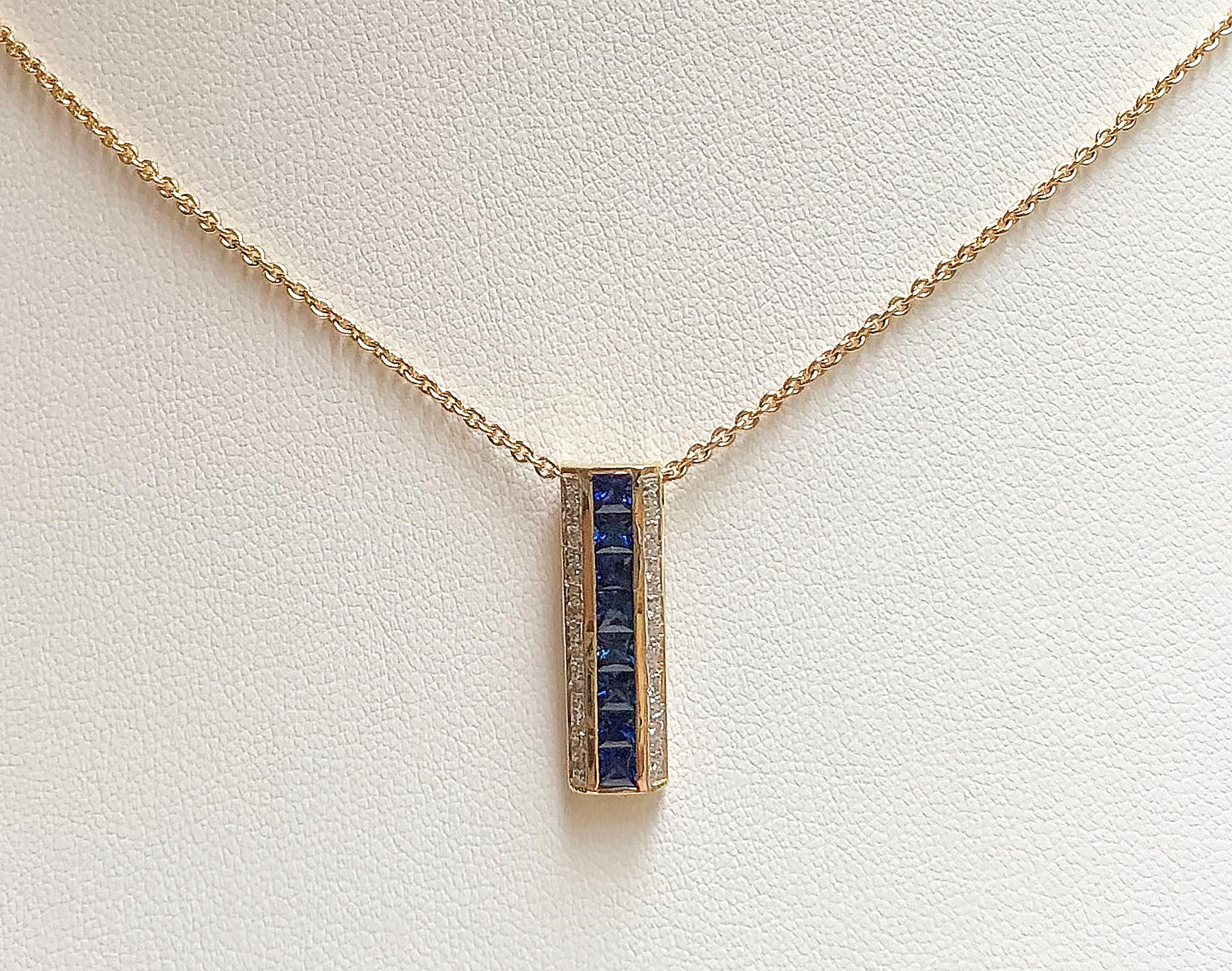 Blue Sapphire 0.96 carat with Diamond 0.16 carat Pendant set in 18 Karat Gold Settings
(chain not included)

Width:  0.6 cm 
Length: 2.2 cm
Total Weight: 2.63 grams

