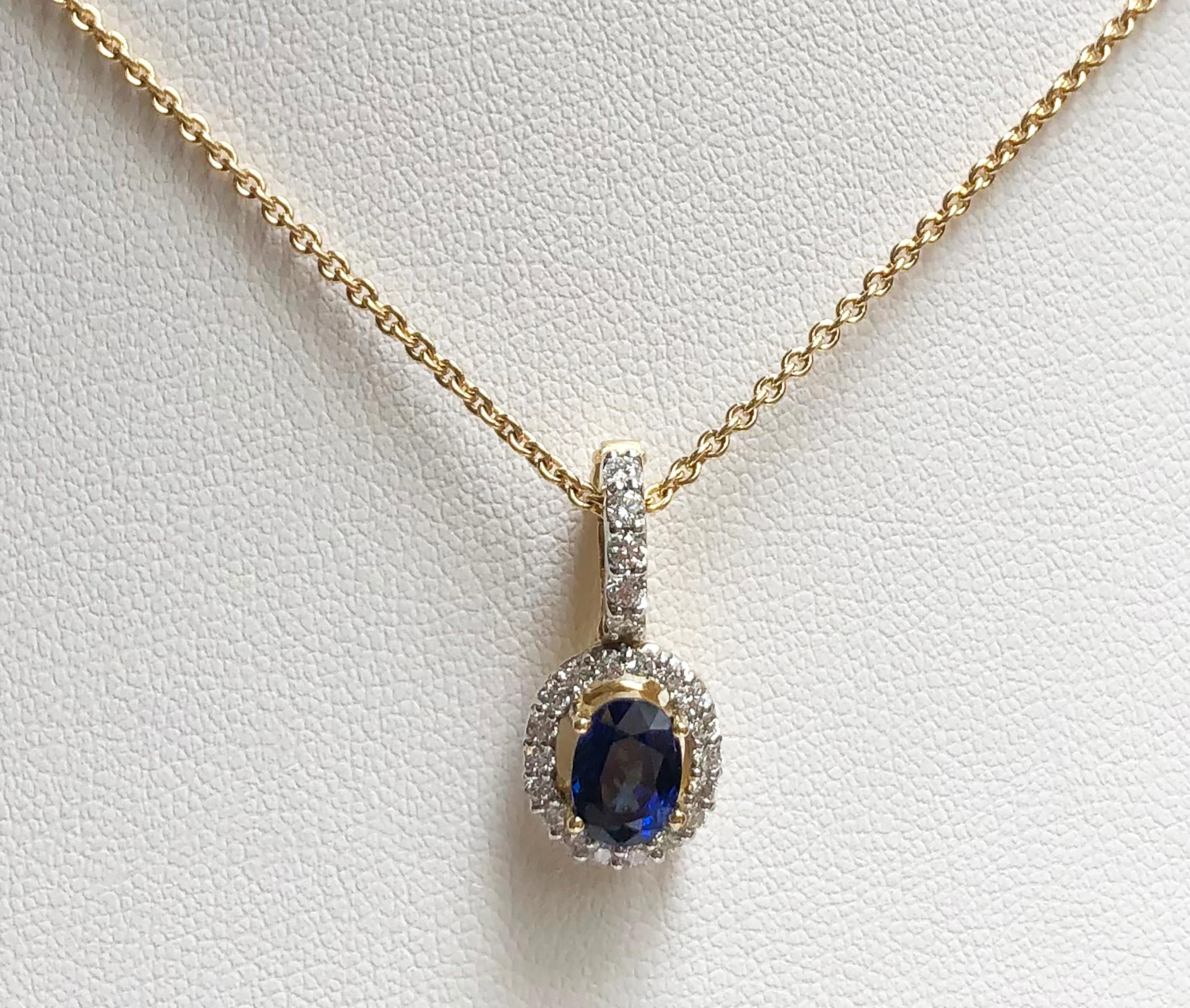 Blue Sapphire 1.28 carat with Diamond 0.30 carat Pendant set in 18 Karat Gold Settings
(chain not included)

Width:  0.9 cm 
Length: 1.9 cm
Total Weight: 2.52 grams

