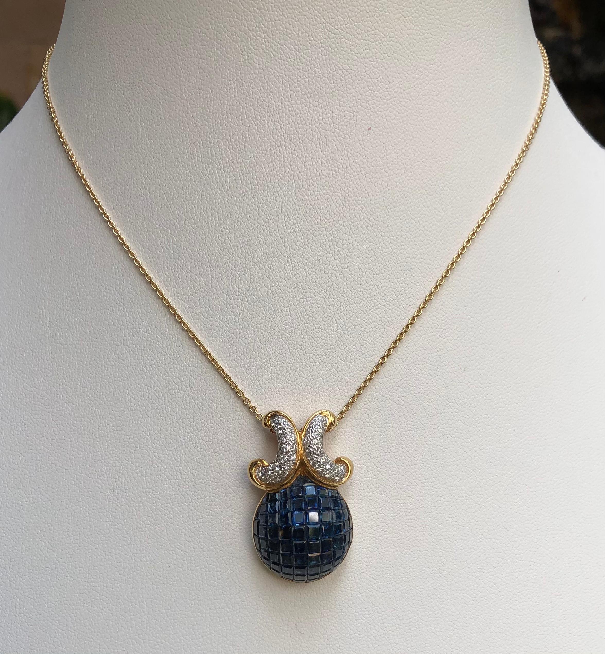 Blue Sapphire 16.98 carats with Diamond 0.53 carat Pendant set in 18 Karat Gold Settings
(chain not included)

Width:  1.9 cm 
Length: 3.5 cm
Total Weight: 15.23 grams

