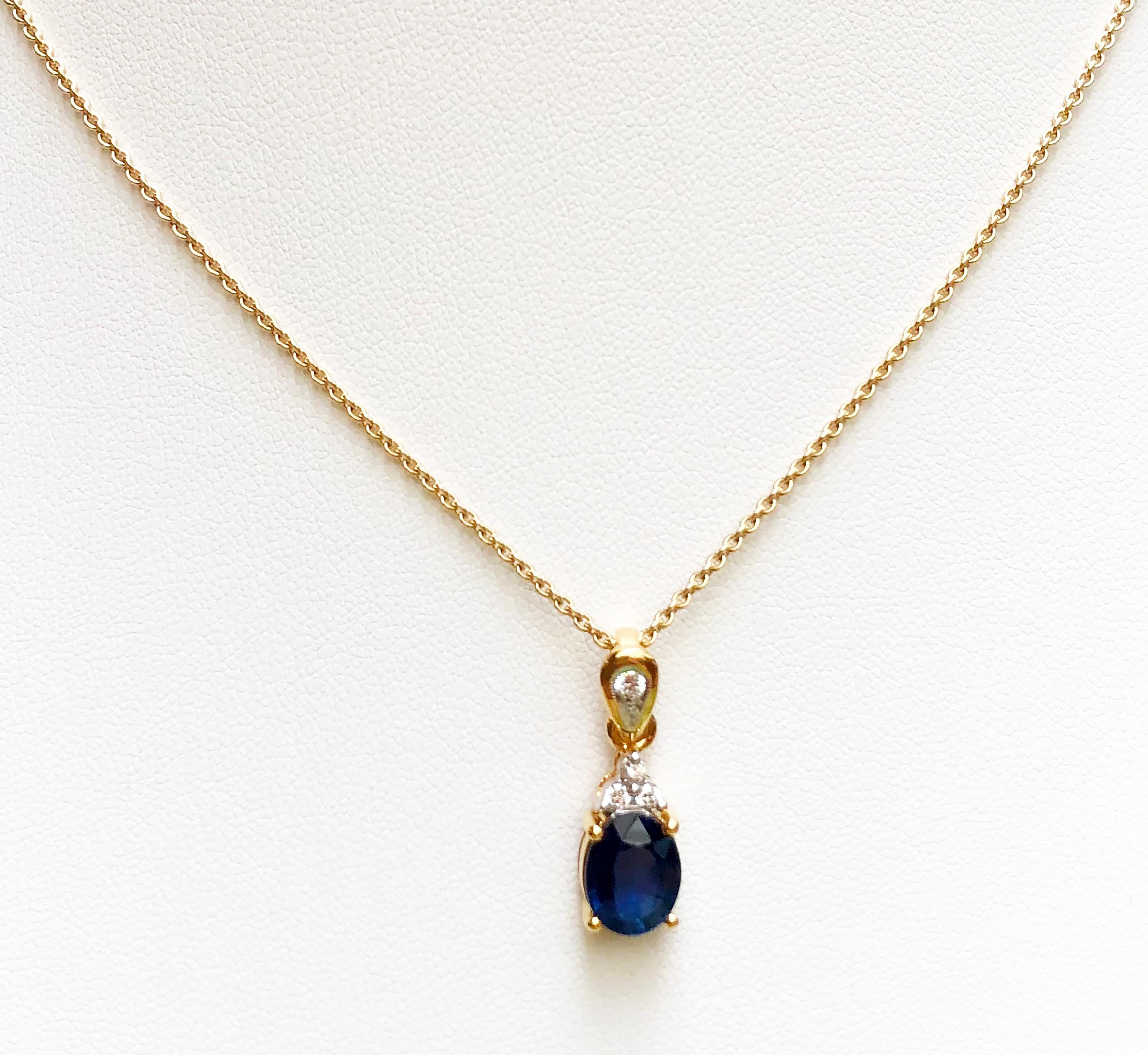 Blue Sapphire 1.90 carats with Diamond 0.11 carat Pendant set in 18 Karat Gold Settings
(chain not included)

Width:  0.8 cm 
Length: 2.2 cm
Total Weight: 2.65 grams

