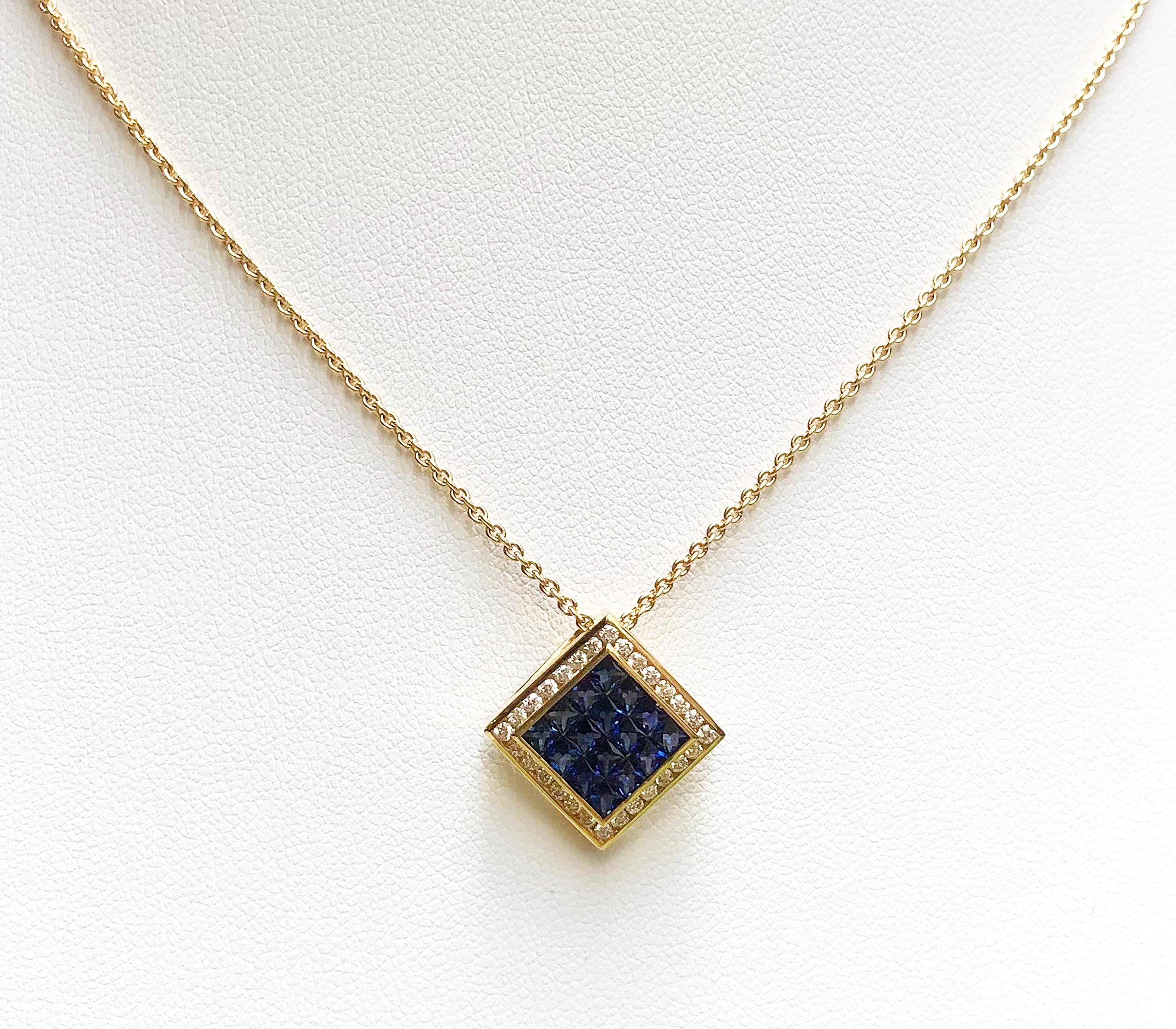 Blue Sapphire 1.80 carats with Diamond 0.33 carat Pendant set in 18 Karat Gold Settings
(chain not included)

Width:  1.8 cm 
Length: 1.8 cm
Total Weight: 3.46 grams


