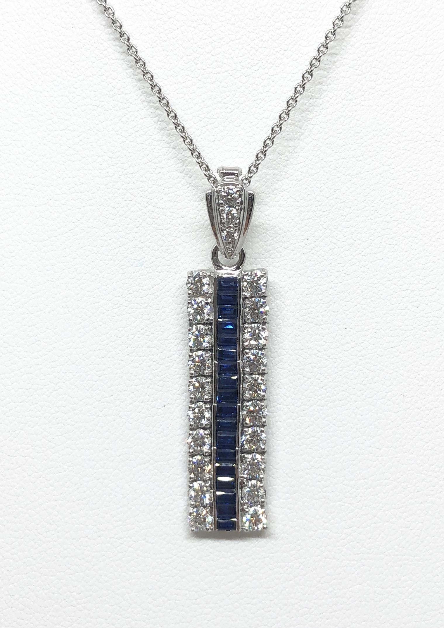 Blauer Saphir 0,75 Karat mit Diamant 1,30 Karat Anhänger in 18 Karat Weißgold gefasst
(Kette nicht enthalten)

Breite: 0.9 cm 
Länge: 4.0 cm
Gesamtgewicht: 6,92 Gramm

