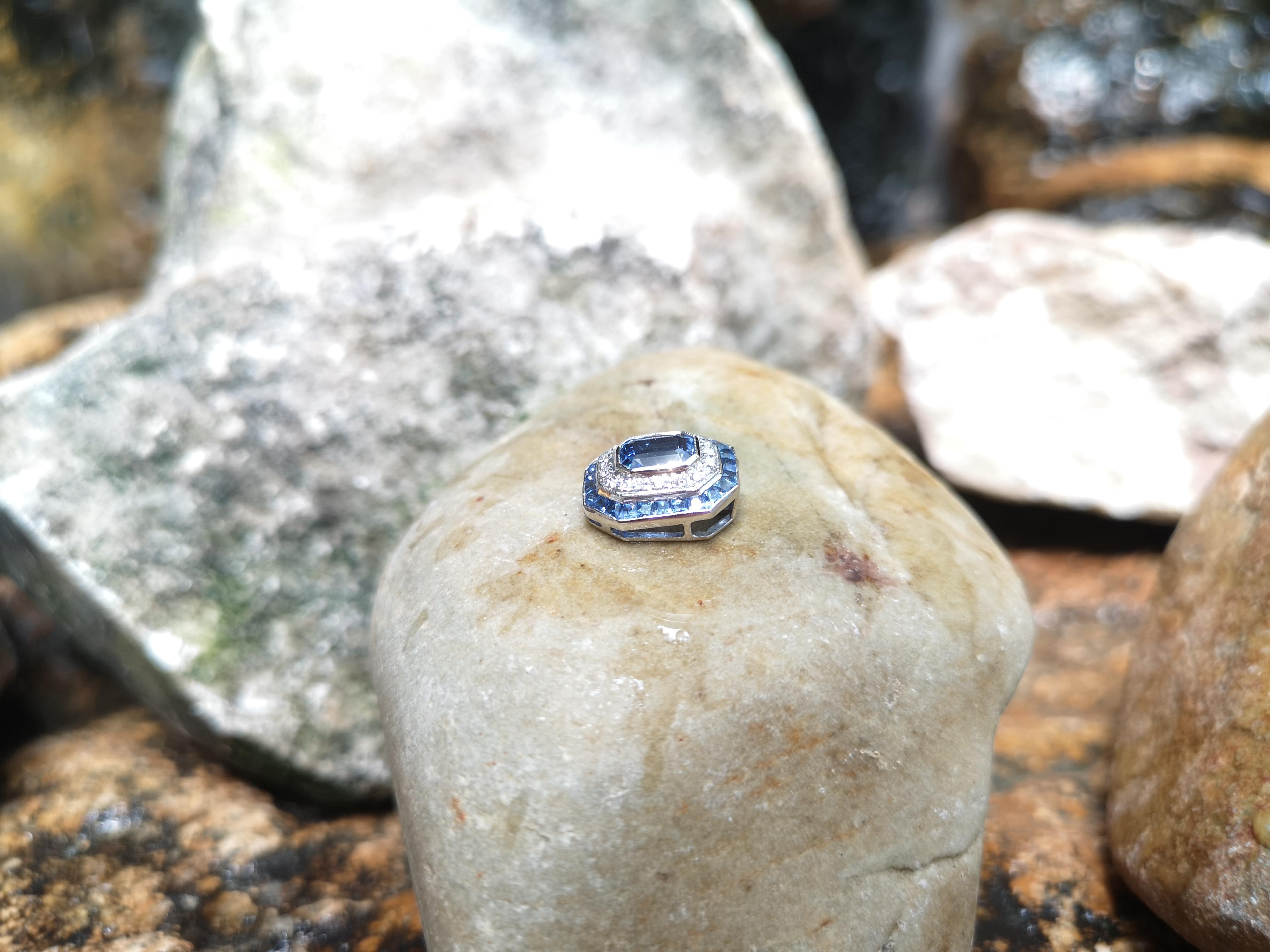 Emerald Cut Blue Sapphire with Diamond Pendant Set in 18 Karat White Gold Settings For Sale
