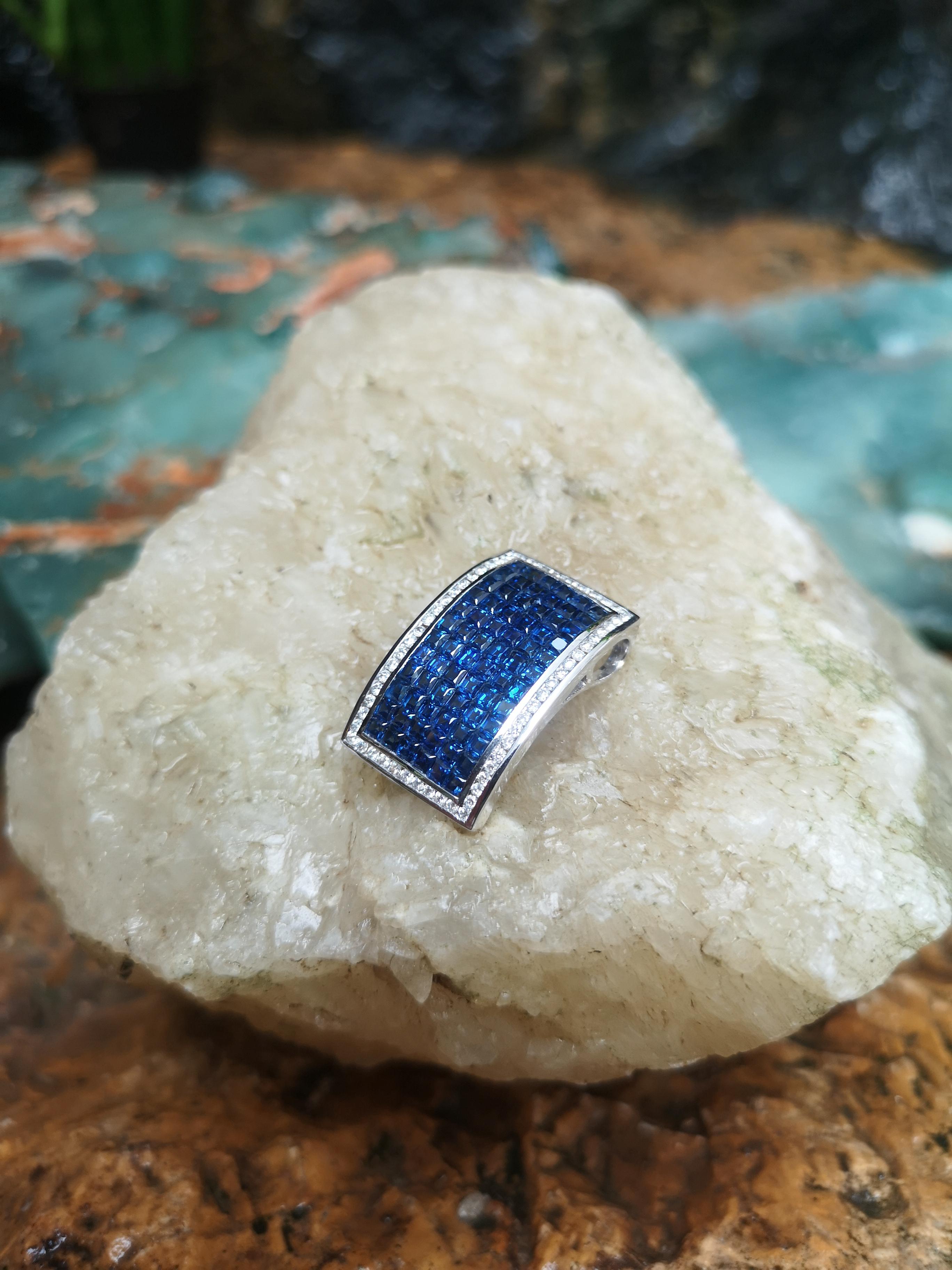 Princess Cut Blue Sapphire with Diamond Pendant Set in 18 Karat White Gold Settings For Sale