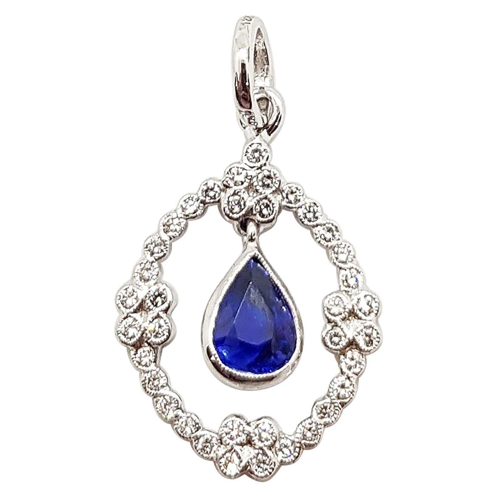 Blue Sapphire with Diamond Pendant Set in 18 Karat White Gold Settings For Sale