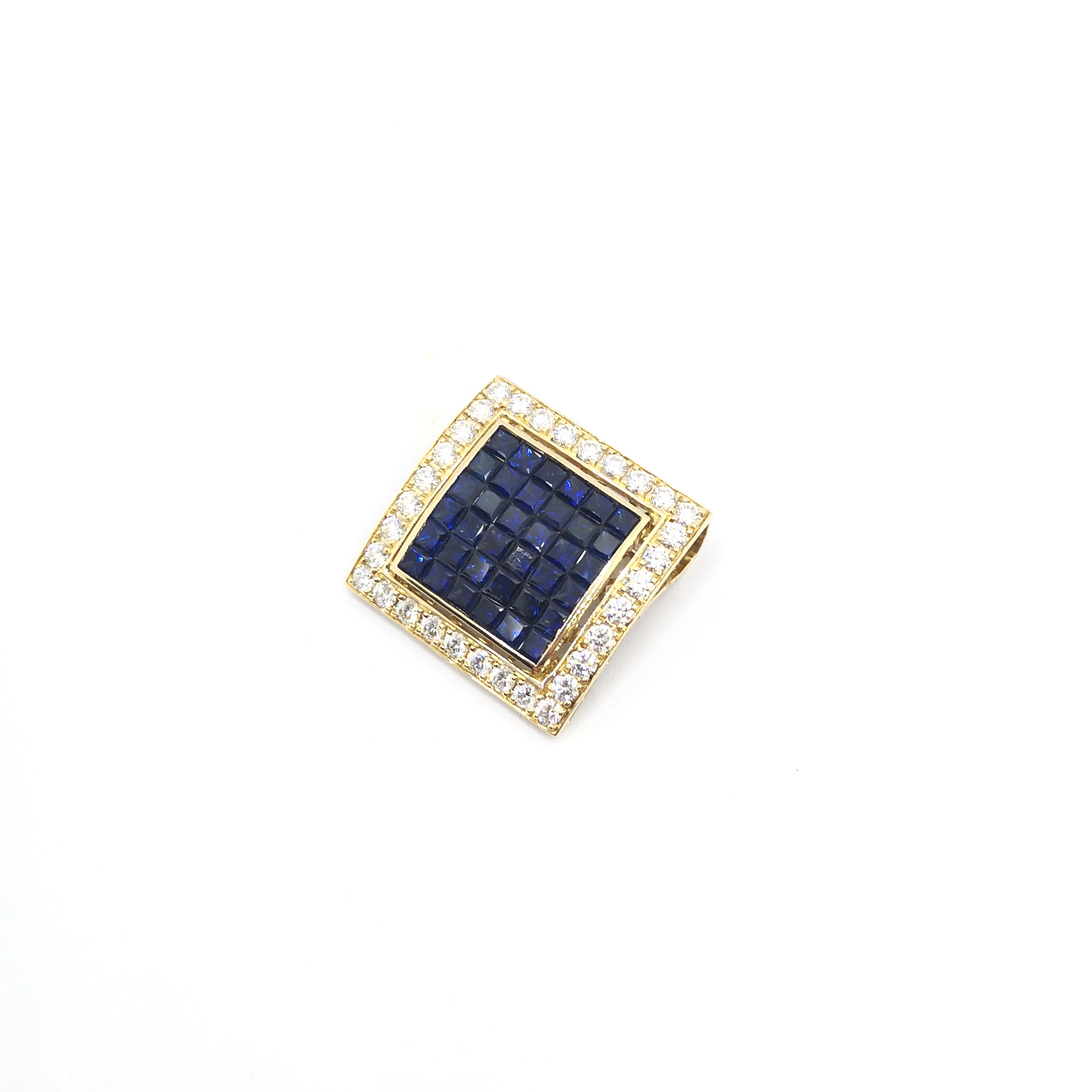 Blauer Saphir mit Diamant-Anhänger in 18 Karat Goldfassungen gefasst (Carréschliff) im Angebot