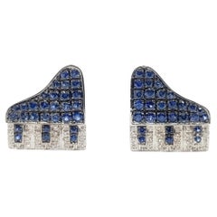 Blue Sapphire with Diamond Piano Cufflink Set in 18 Karat White Gold Settings