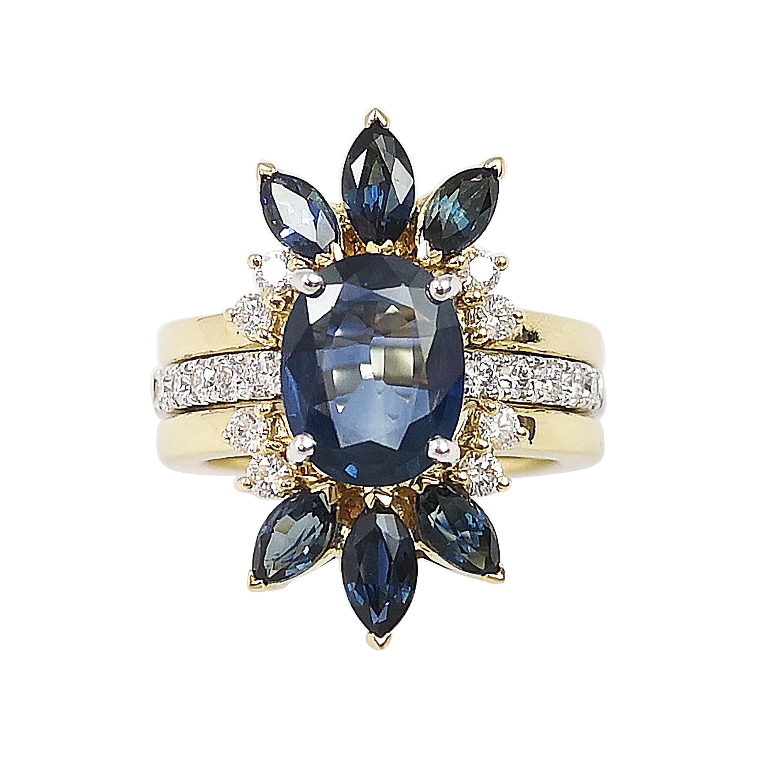 Blue Sapphire with Diamond Ring and Jacket Set in 18 Karat Gold Settings For Sale