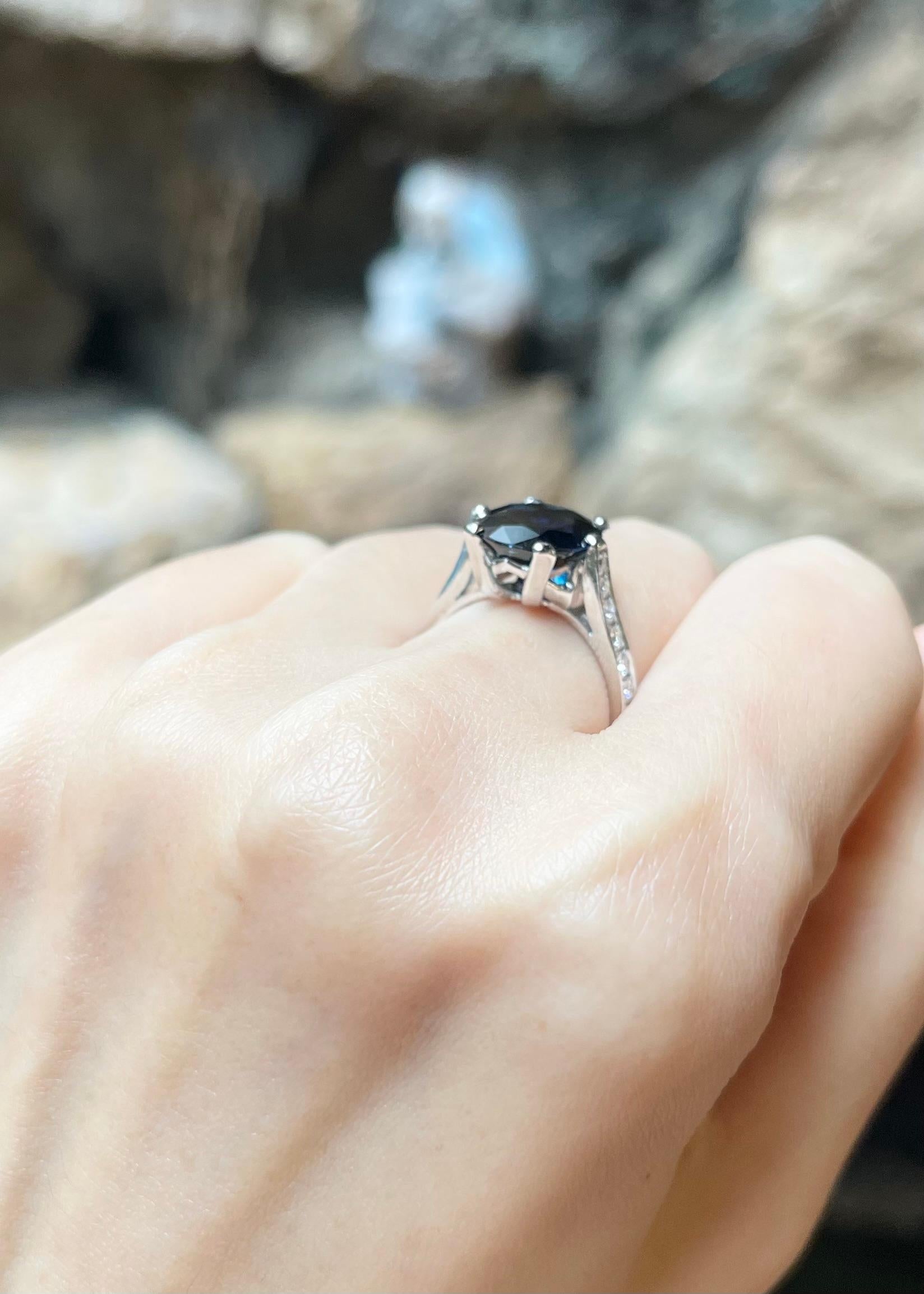 Women's Blue Sapphire with Diamond Ring in 18K White Gold Setting For Sale