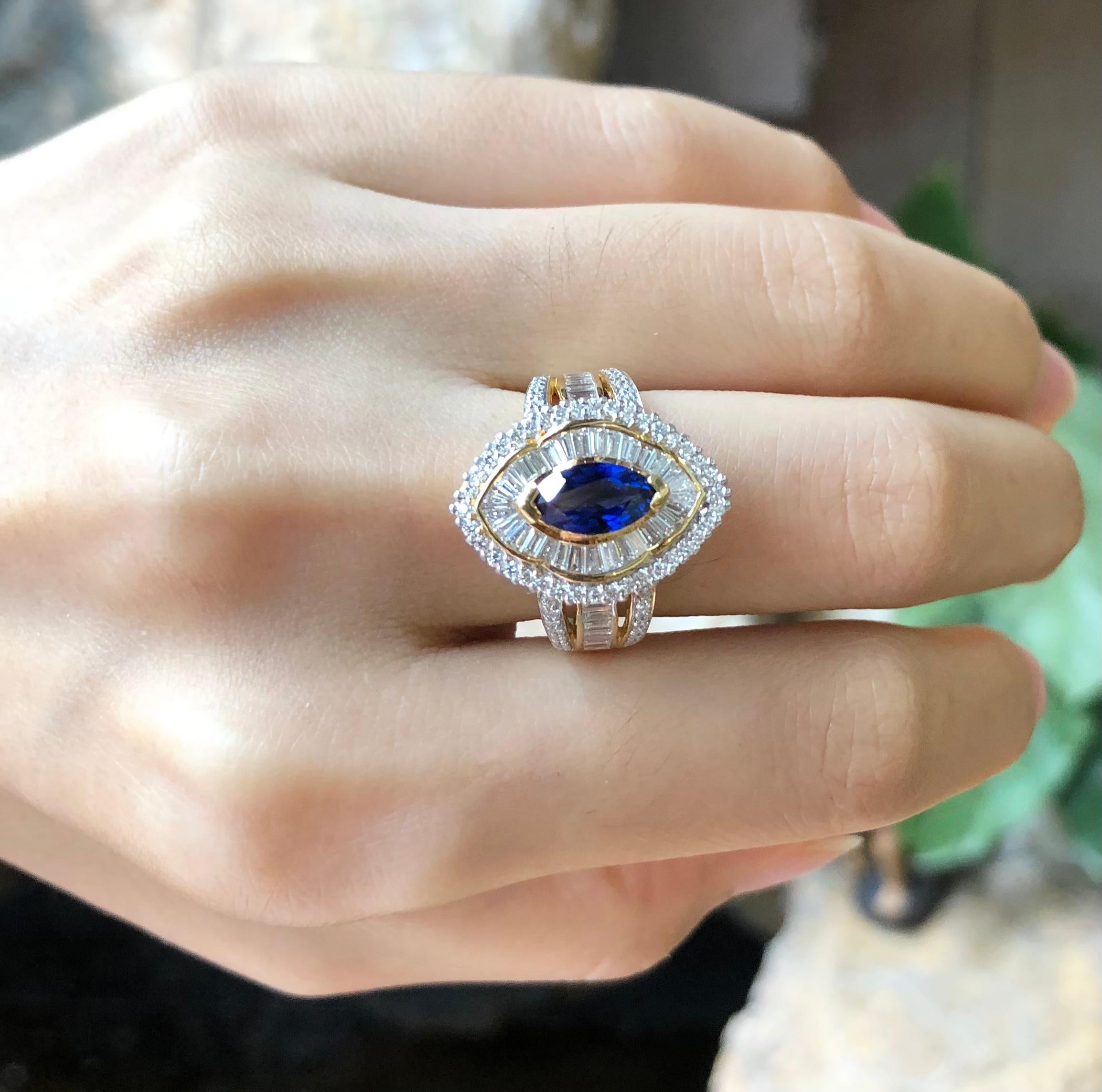 Mixed Cut Blue Sapphire with Diamond Ring set in 18 Karat Gold Set For Sale
