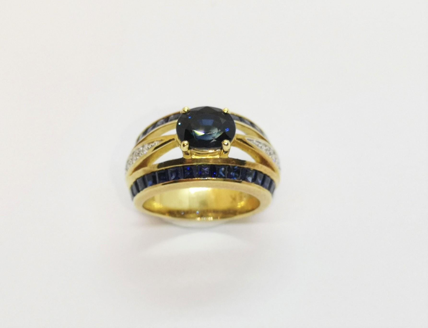 Blue Sapphire 1.69 carats with Blue Sapphire 1.86 carats and Diamond 0.11 carat Ring set in 18 Karat Gold Settings

Width: 0.7 cm
Length: 0.6 cm 
Ring Size: 49

