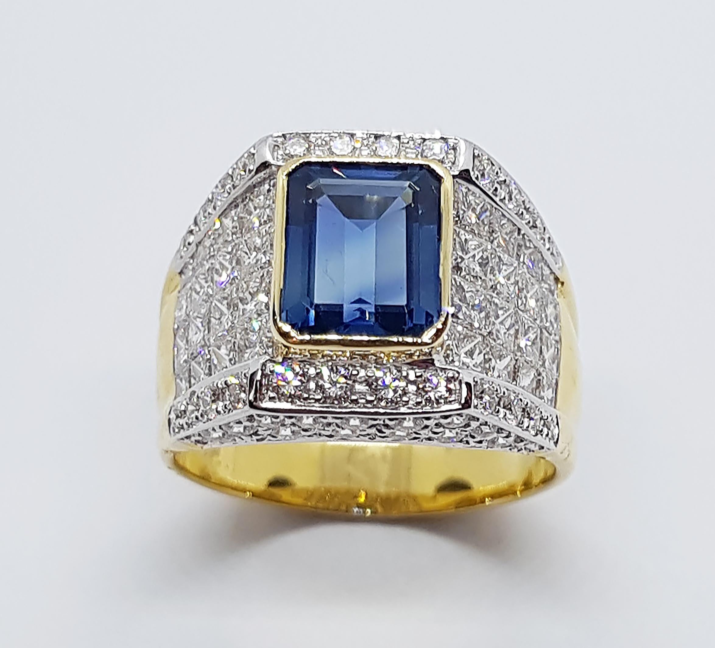 Blue Sapphire 2.42 carats with Diamond 2.39 carats Ring set in 18 Karat Gold Settings

Width:  0.7 cm 
Length: 0.9 cm
Ring Size: 54
Total Weight: 8.4 grams


