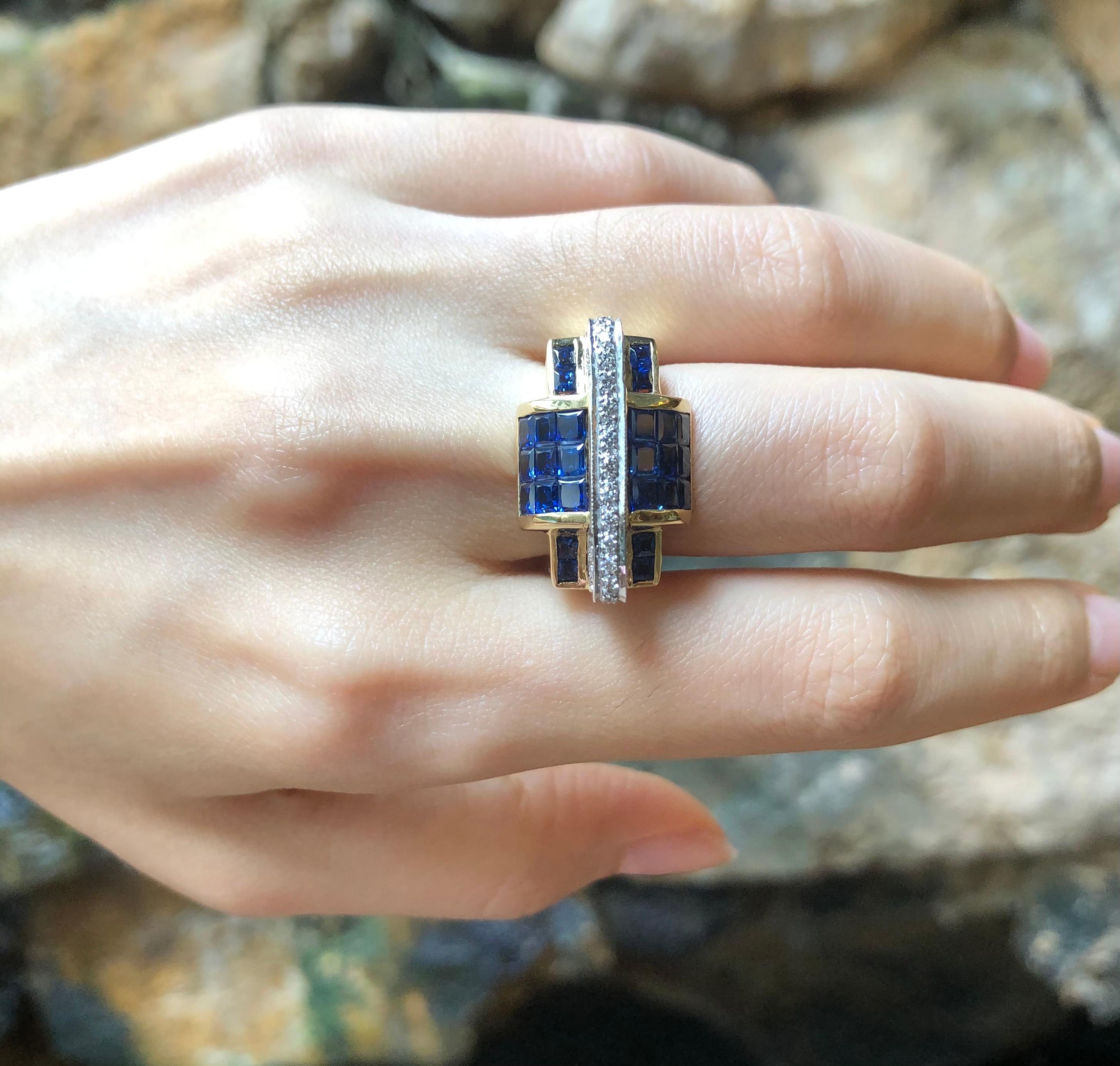 Art déco Bague en or 18 carats sertie d'un saphir bleu et de diamants en vente