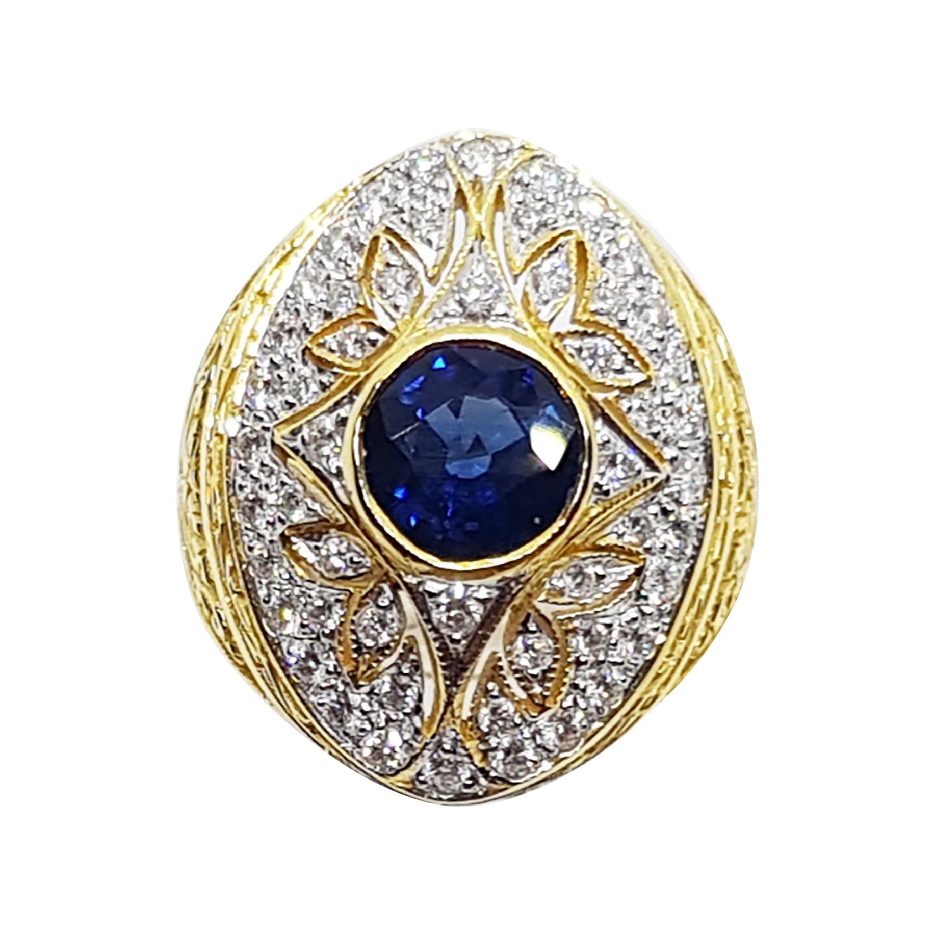 Blue Sapphire with Diamond Ring Set in 18 Karat Gold Settings For Sale