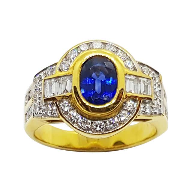 Blue Sapphire with Diamond and Blue Sapphire Ring Set in 18 Karat Gold ...