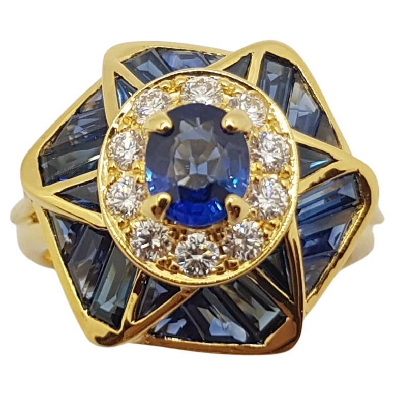 Blauer blauer Saphir mit Diamantring in 18 Karat Goldfassung