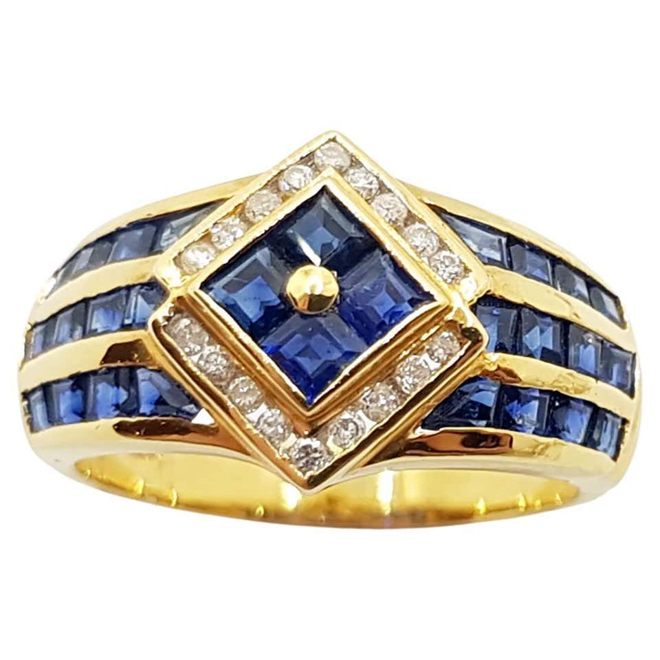 Blue Sapphire with Diamond Ring Set in 18 Karat Gold Settings For Sale ...
