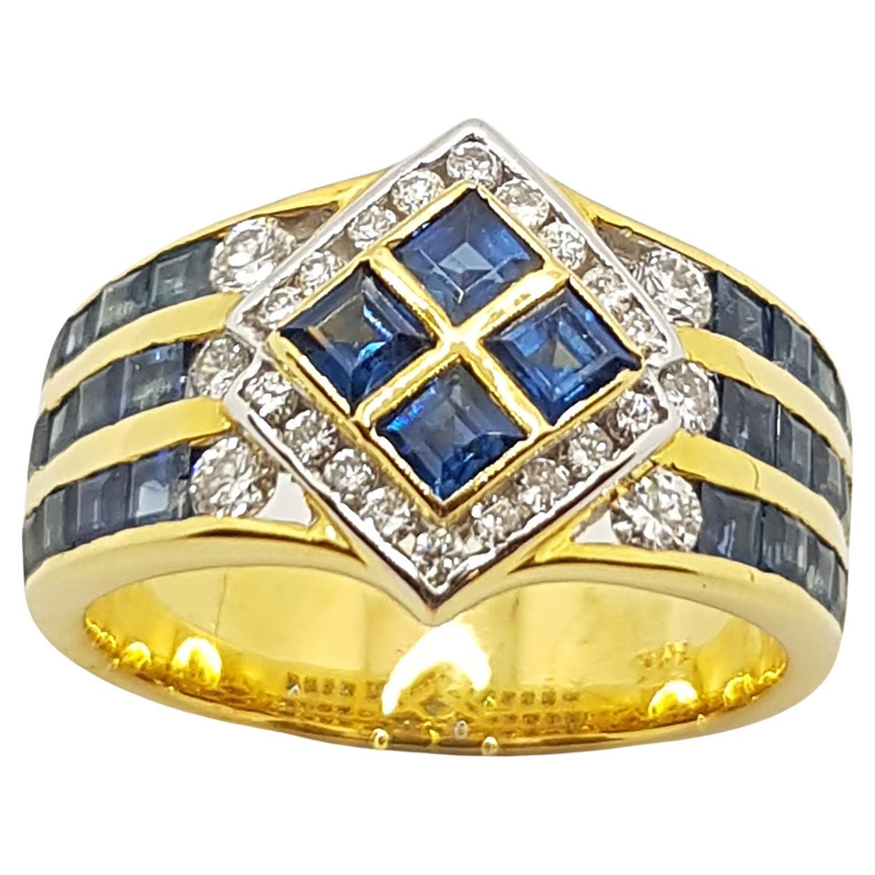 Blue Sapphire with Diamond Flower Ring Set in 18 Karat Gold Settings at ...