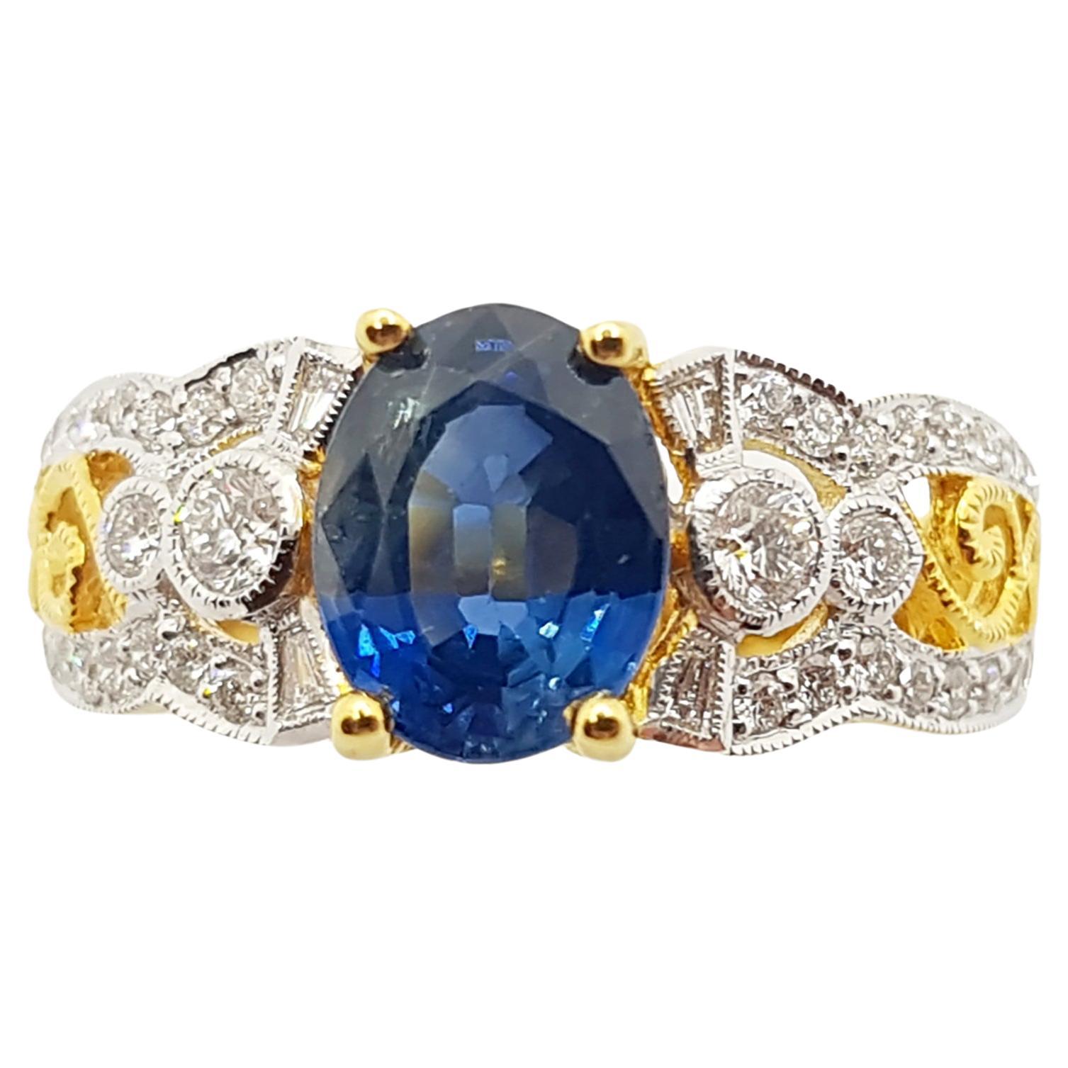 Blue Sapphire  with Diamond Ring set in 18 Karat Gold Settings For Sale
