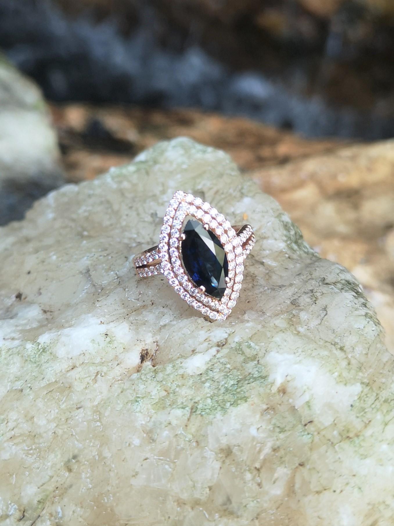 Women's or Men's Marquise Blue Sapphire with Diamond Ring Set in 18 Karat Rose Gold Settings For Sale
