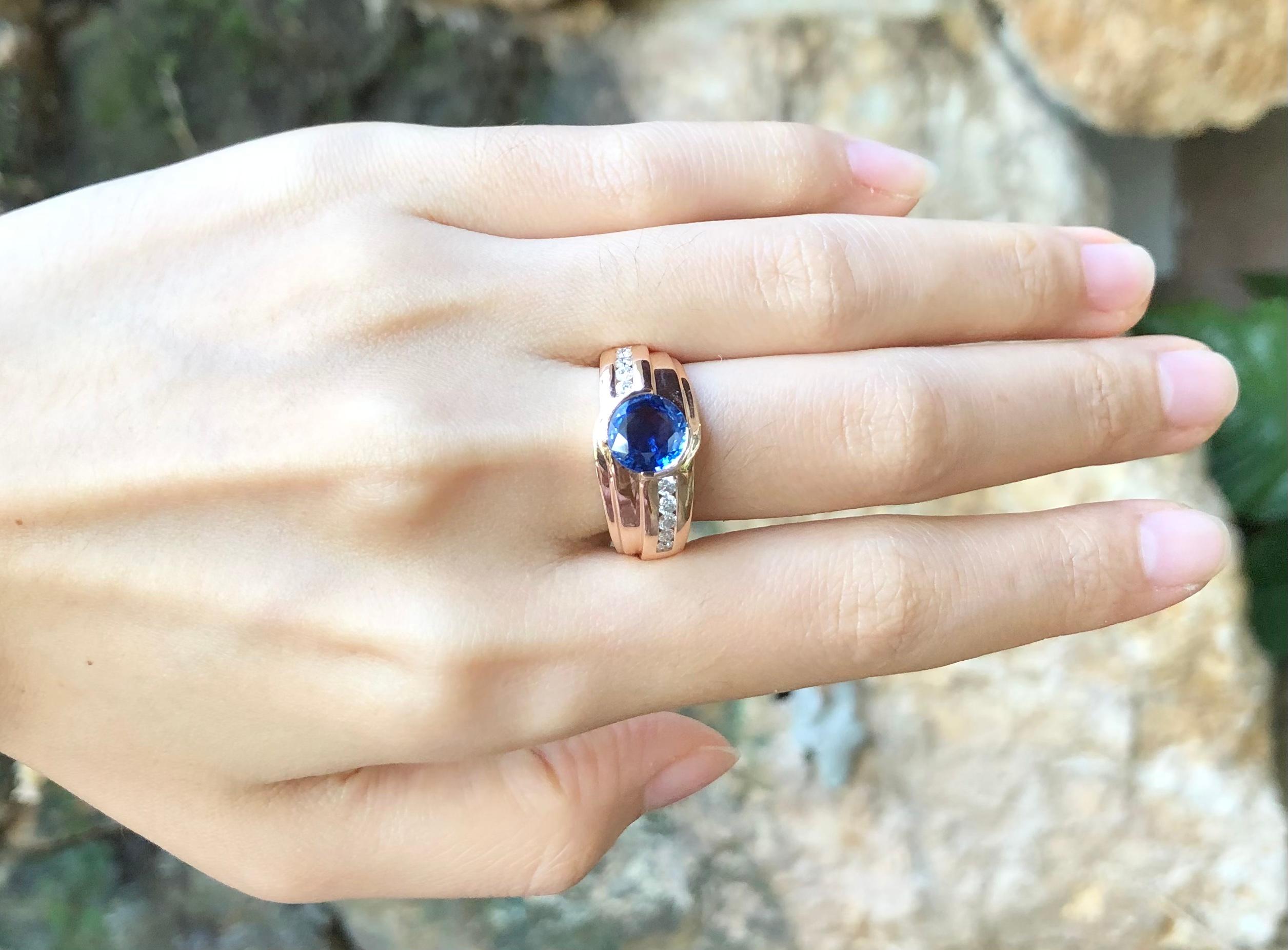 Women's or Men's Blue Sapphire with Diamond Ring Set in 18 Karat Rose Gold Settings For Sale